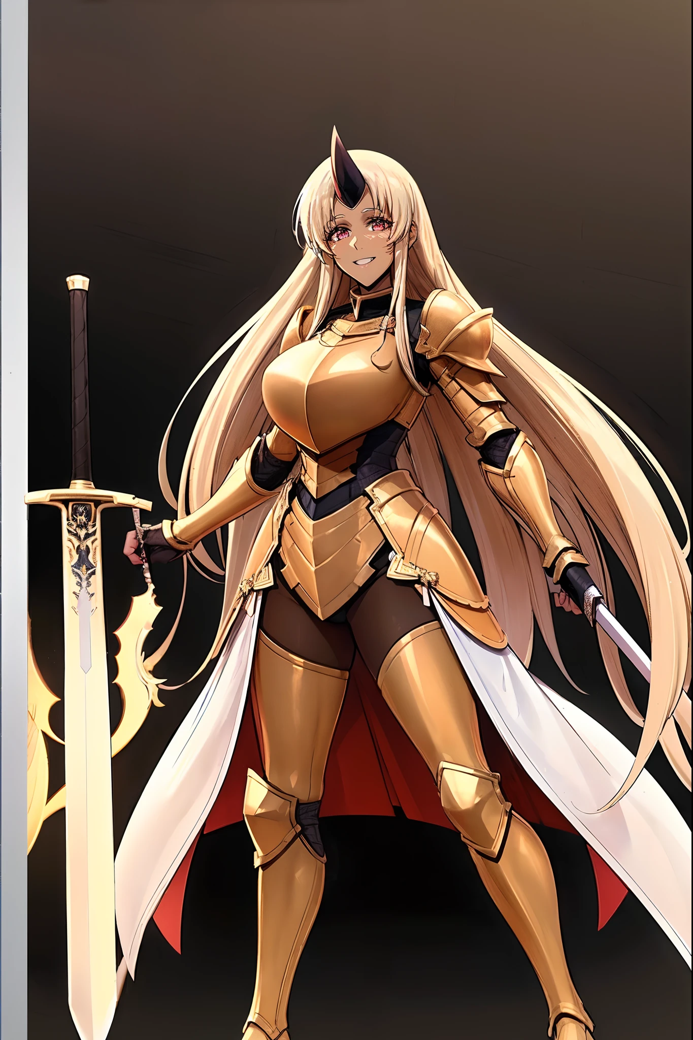 (best quality,4k,8k,highres,masterpiece:1.2),ultra-detailed,(1.37),single horn,very long hair,tall female,red eyes,dark skinned female,standing,armor,boots,sword holding,joyful,big smile,full armor,illustration,portrait,rich colors,warm tones,soft lighting