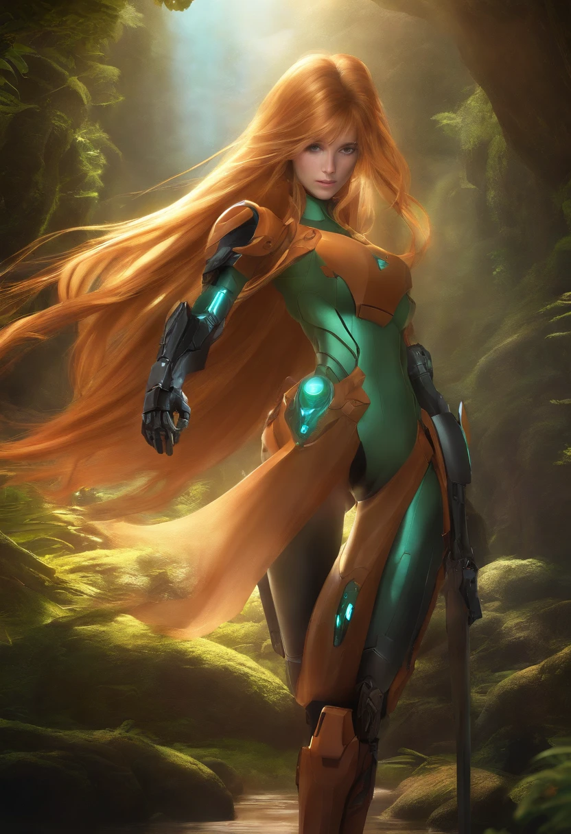 (master part, best quality), detalhes intrincados,, 1girl, Samus Aran, rabo-de-cavalo, gravata de cabelo,,