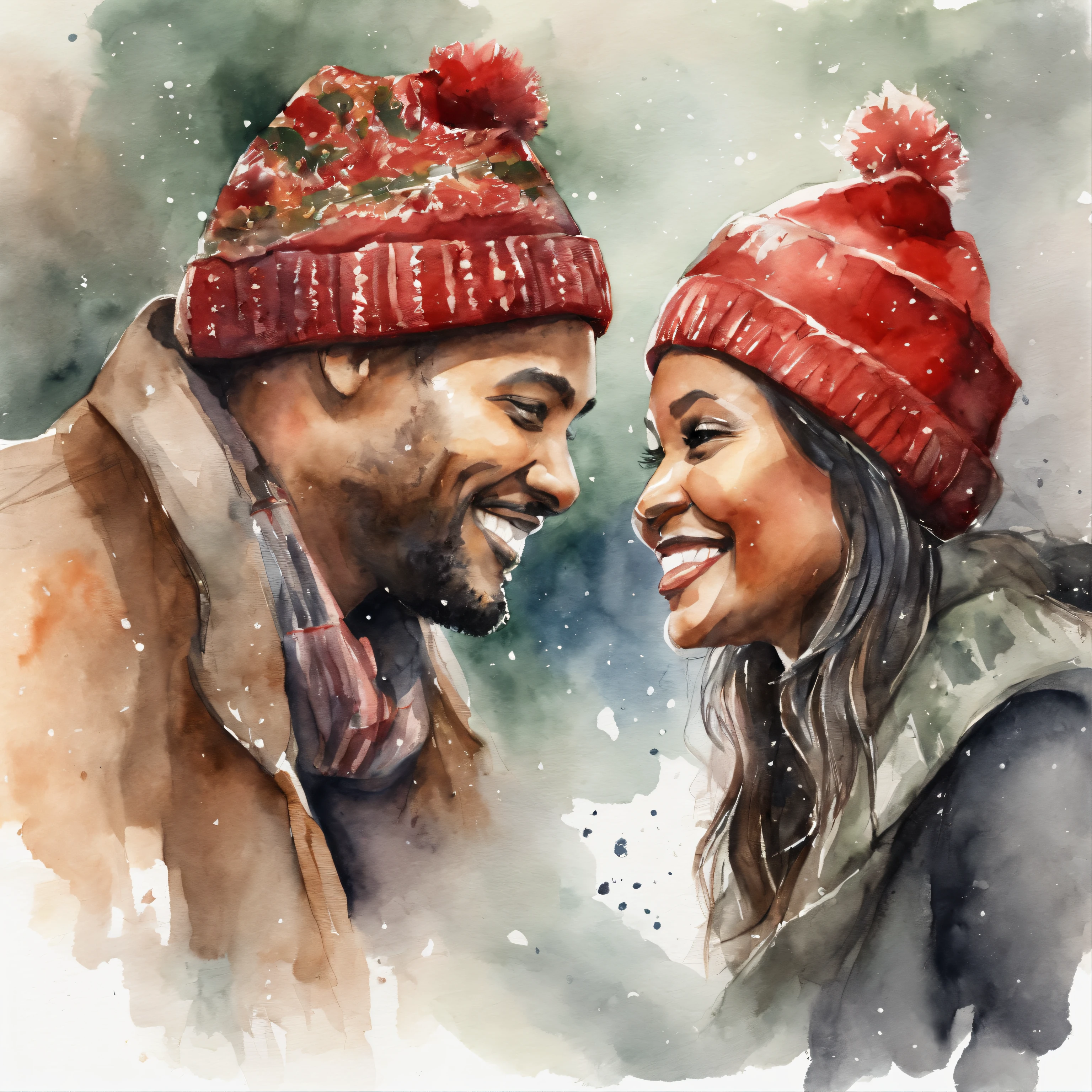 isolated watercolor illustration on a white background with margin, high detail, bright colors, red, green, shades of brown, gold, warm color tones, a beautiful black couple with red Christmas hats