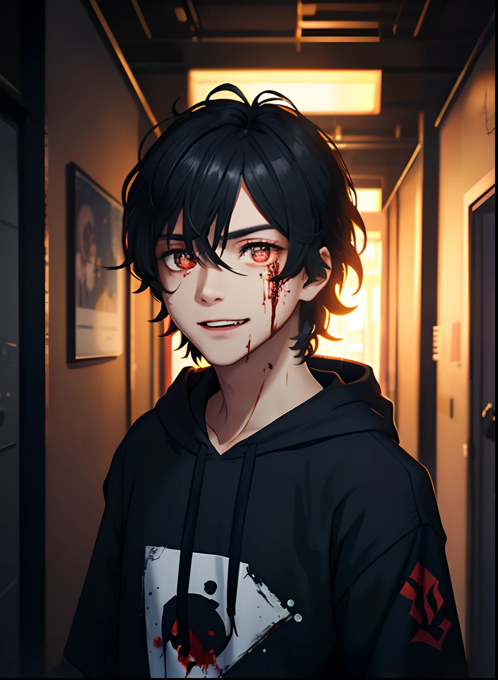 1boy, Adult male:1.2), Perfect male body, Eyes look at camera Delicate eyes and delicate face, Extremely detailed CG, Unity 8k wallpaper, Complicated details, solo person, Detailed face, (Black hair, Messy hair, Crazy expression, black hoodie, blood in face, (Crazy smile:1.2) , (Mad eyes:1.3) , (wide-eyed:1.2,small pupil),Dark corridors,Night, color difference, Depth of field, dramatic shadow, Ray tracing, Best quality, offcial art, portrait