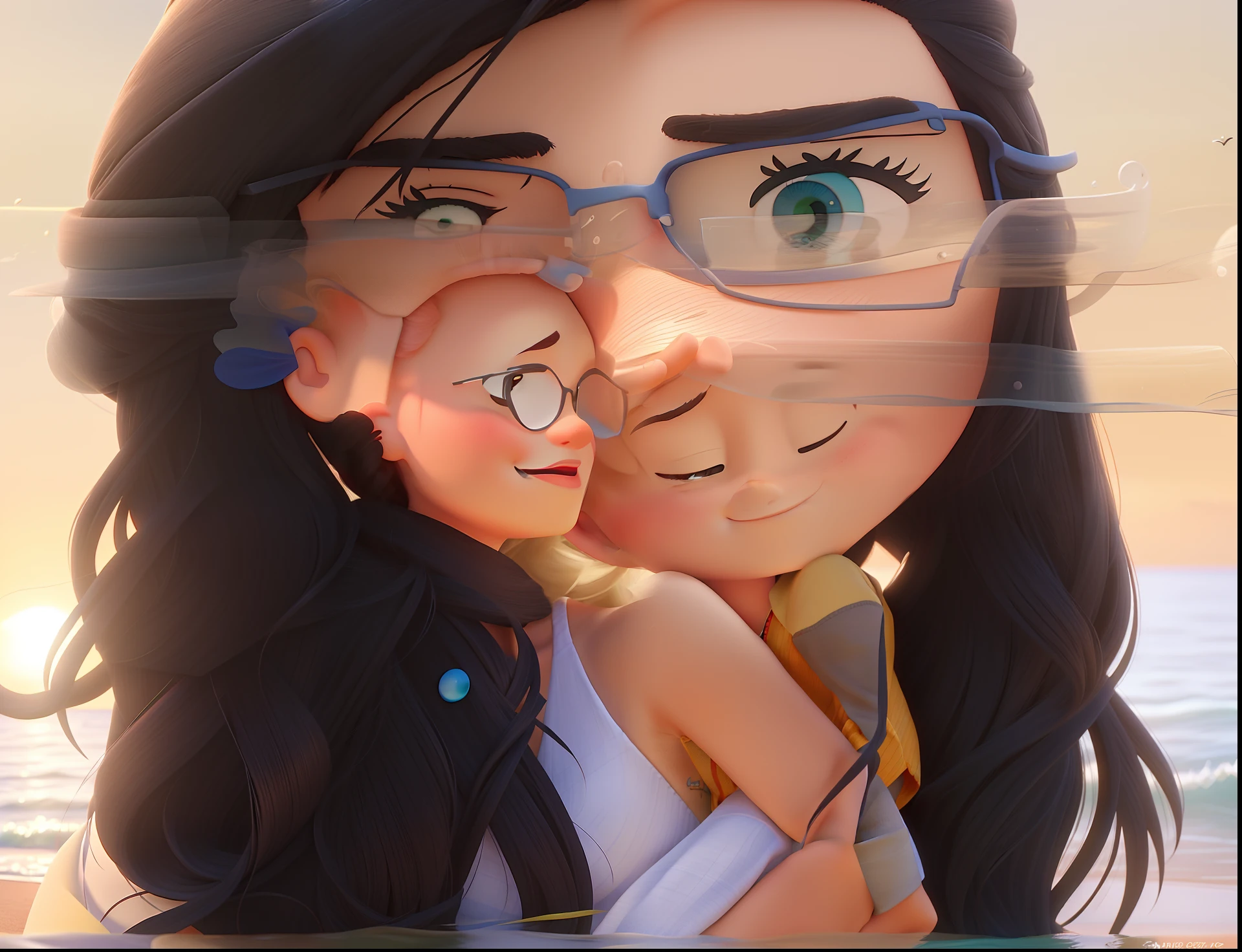 Um lindo casal , foto ao mar, estilo Pixar imagem melhor qualidade