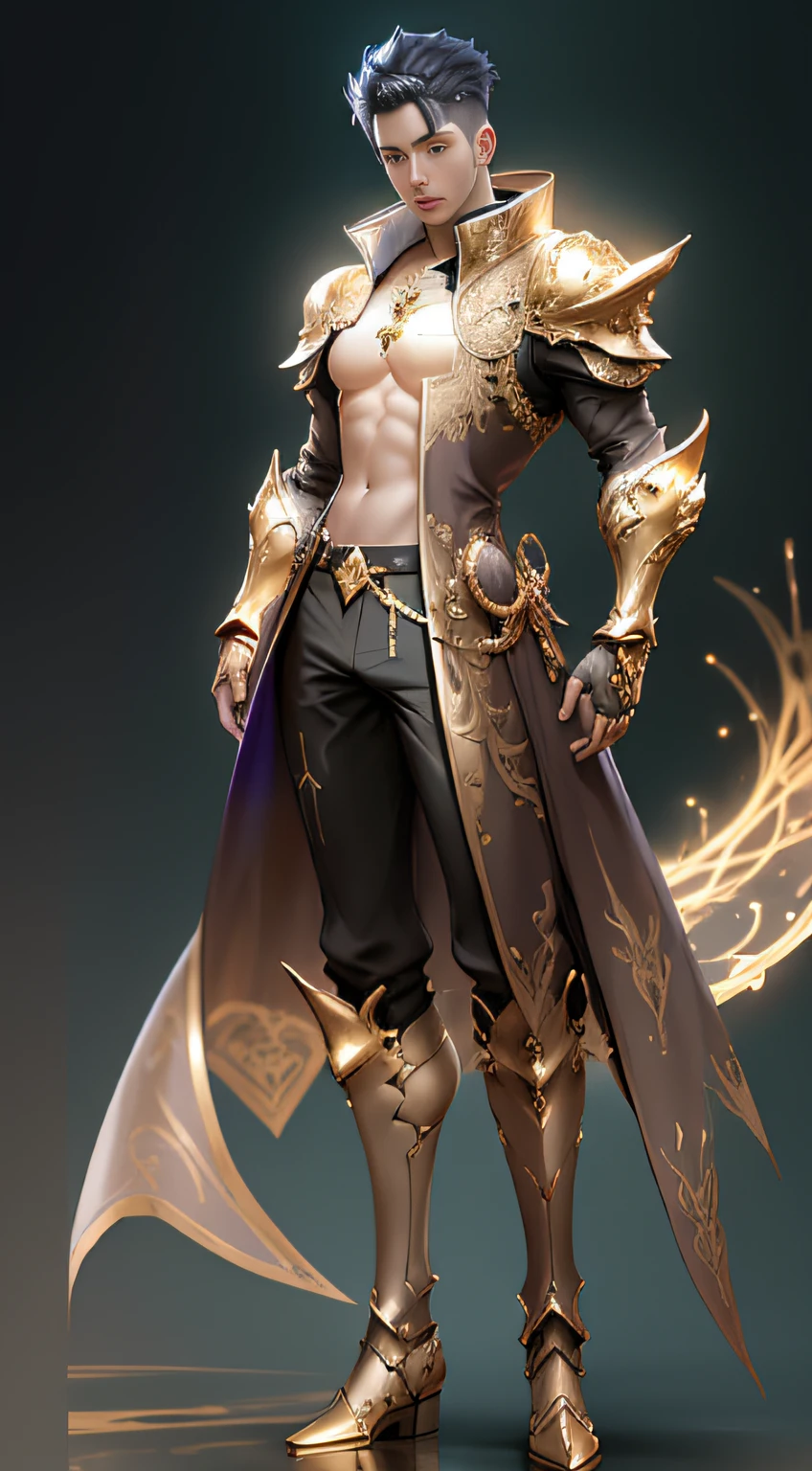 Sculpture design,Figures,GK model,(The whole body of the character),Expose muscles,(sexy for),(Exquisite base),The color of the clothes is gold,Blue and white colors,Transparent texture,Wu Yifan,Handsome cybernetic boy looking at camera lingerie detailed muscular reality masterpiece,musculous
