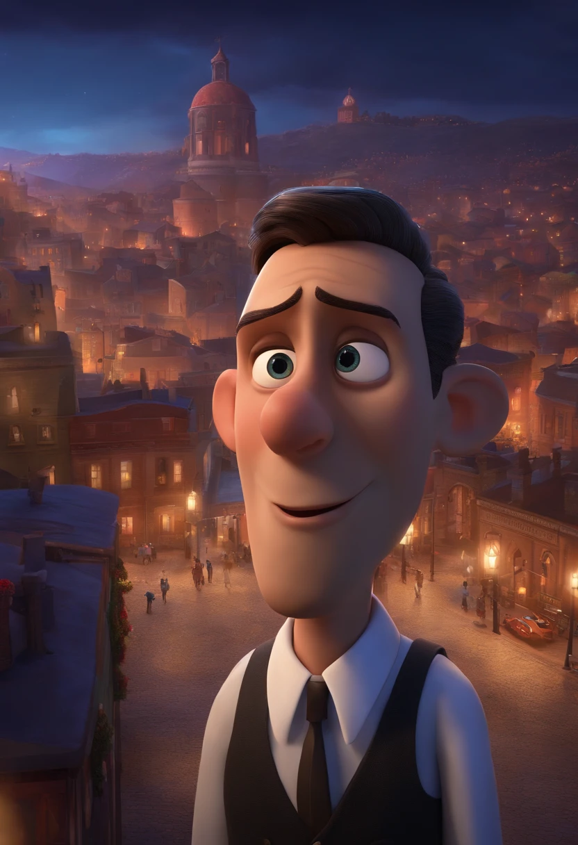 A city councilman looking at a dream project inspired by Pixar animation, de perto. The character takes center stage with captivating facial expressions, oferecendo um toque de irrealidade