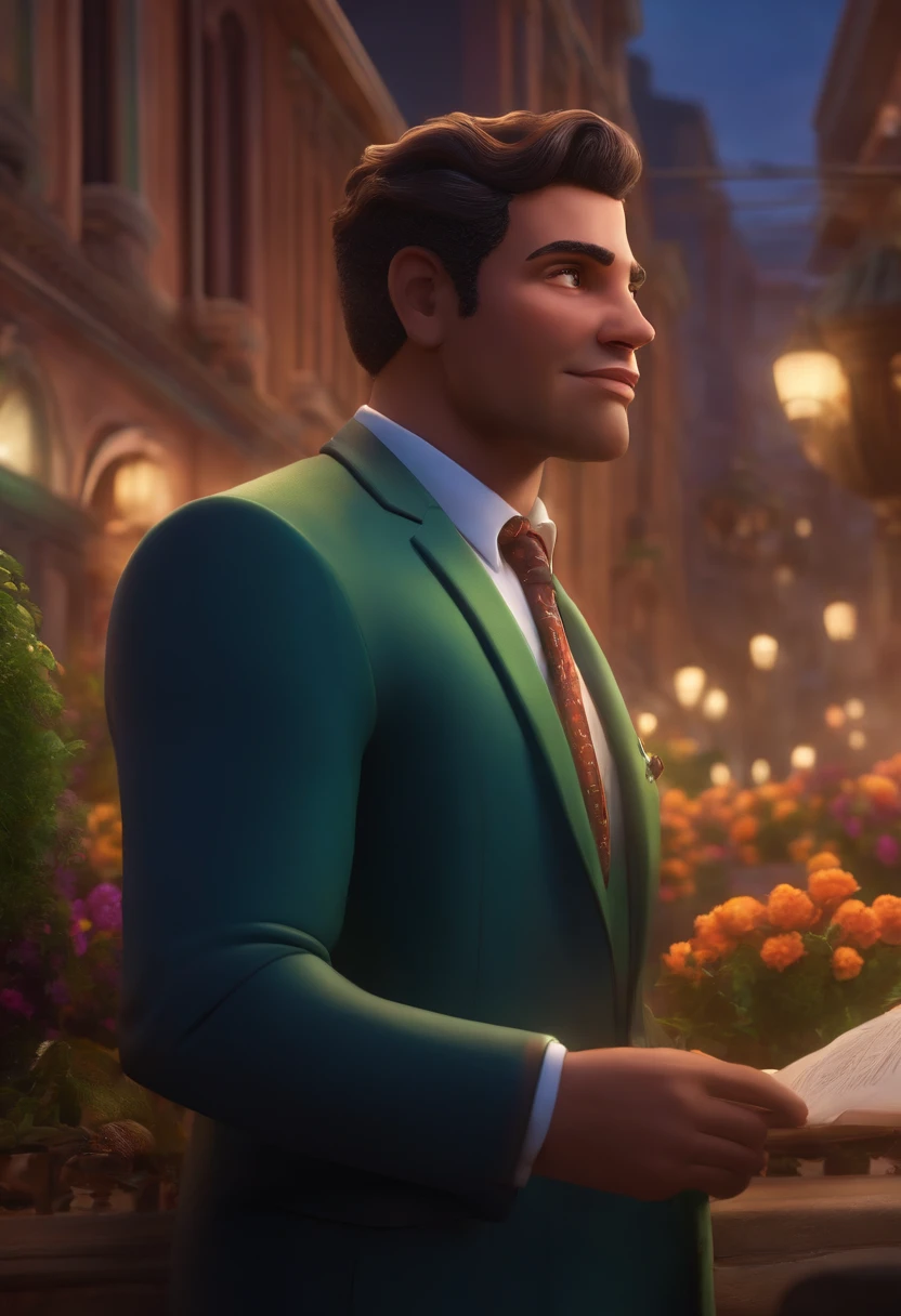 A city councilman looking at a dream project inspired by Pixar animation, de perto. The character takes center stage with captivating facial expressions, oferecendo um toque de irrealidade