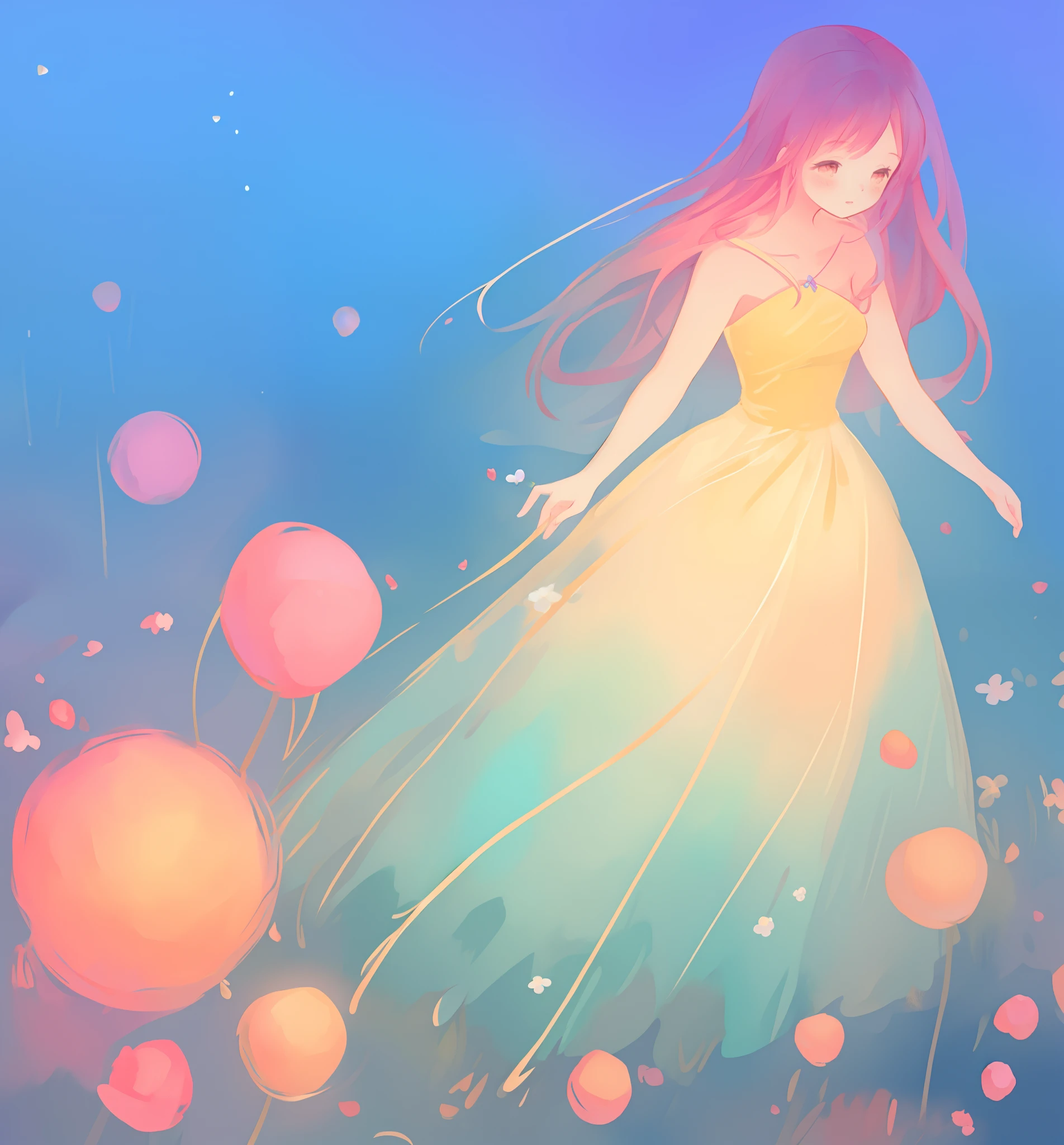 beautiful girl in puffy gradient ballgown, a field with round puffball pink flowers, otherworldly flowers, whimsical landscape, long pink flowing hair, watercolor illustration, inspired by Glen Keane, inspired by Lois van Baarle, disney art style, by Lois van Baarle, by Glen Keane, jen bartel, digital painting, beautiful digital illustration, fantasia otherworldly landscape plants flowers, beautiful, masterpiece, best quality, anime disney style