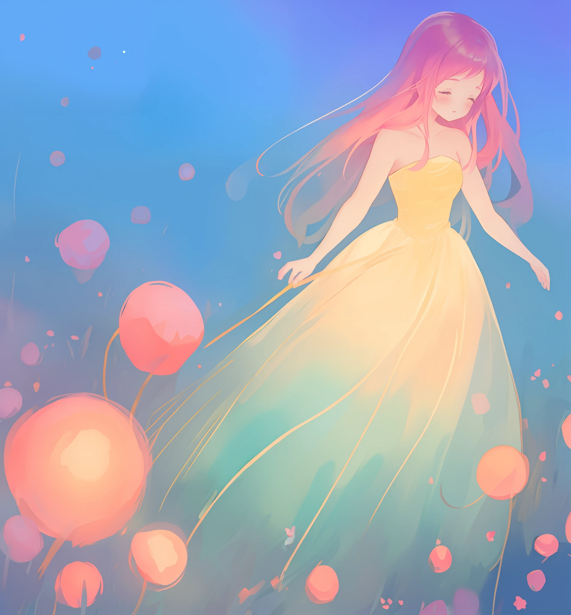 beautiful girl in puffy gradient ballgown, a field with round puffball pink flowers, otherworldly flowers, whimsical landscape, long pink flowing hair, watercolor illustration, inspired by Glen Keane, inspired by Lois van Baarle, disney art style, by Lois van Baarle, by Glen Keane, jen bartel, digital painting, beautiful digital illustration, fantasia otherworldly landscape plants flowers, beautiful, masterpiece, best quality, anime disney style