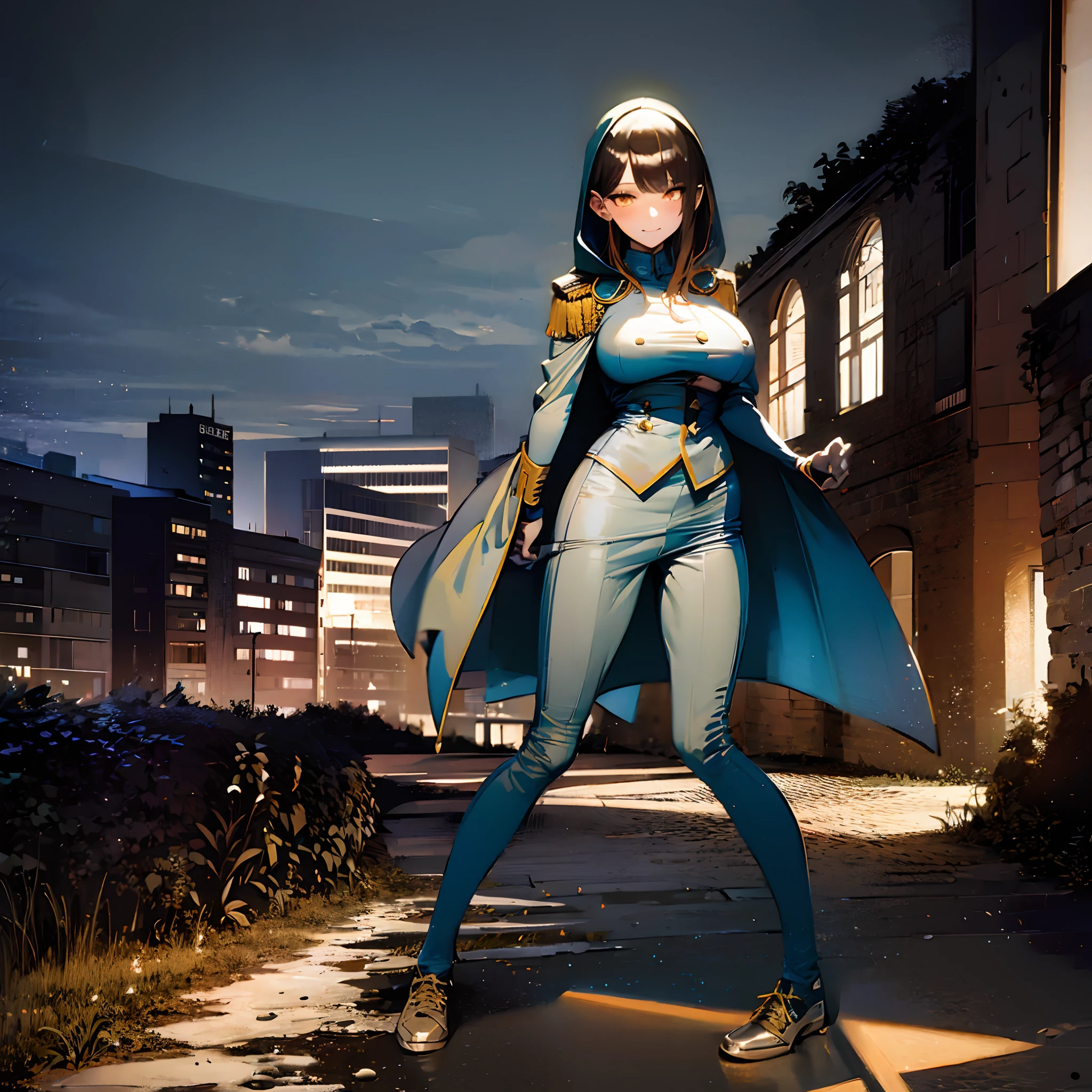 (solo cute girl standing at ruin:1.3), (:1.4), (light brown hair:1.2), BREAK, (very long legs), (thin legs), very short torso, BREAK, (open legs:1.2), tiptoe, pigeon toed, BREAK, (large breasts:1.2), perky breasts, thin waist, BREAK, (dark brown military uniform:1.3), (hood:1.2), trousers, BREAK, nose blush, looking at viewer, BREAK, (glowing golden eyes:1.5), BREAK, (masterpiece, best quality, ultra-detailed, beautiful detailed face:1.5)