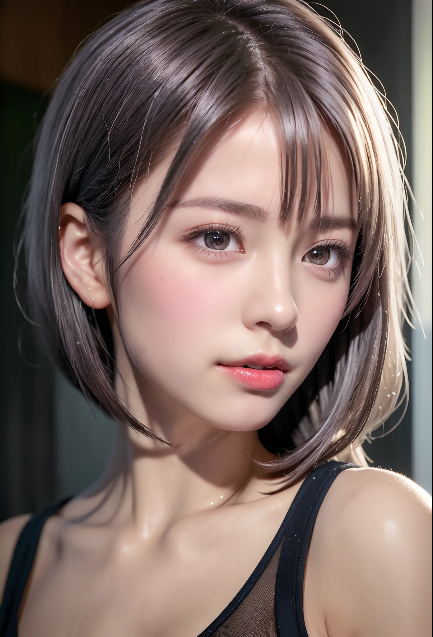 (8K, Photorealistic, Raw photo, of the highest quality: 1.3), (1girl in), Super beautiful, (Realistic face), (boyish, Silver Color Berry Shorthair), Beautiful , Glare that captivates the viewer, Beautiful expression, Beautiful breasts, (Realistic skin), Be...