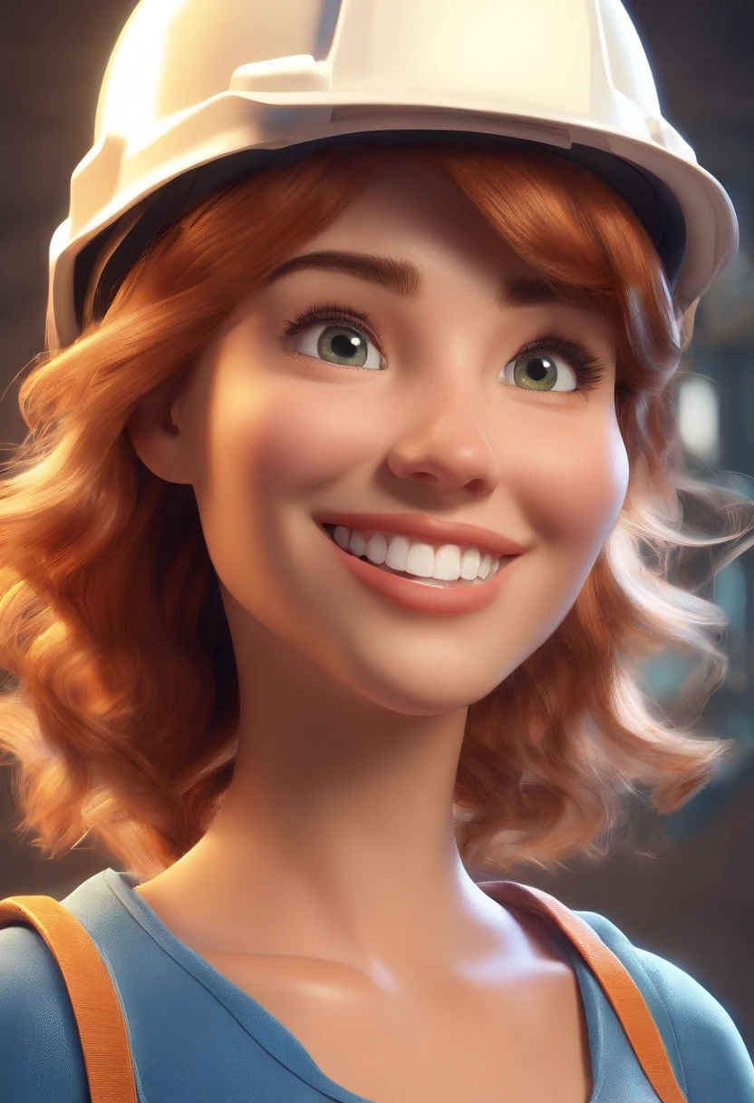 An illustration of an adorable young lady, Highlighting a woman with beautiful expressive eyes – The woman's skin is white and the hair is straight, Medium size and brown. She wears a hard hat, It's in the process of being built, She holds under her left arm a male of papers, um quarto luminoso, com um sorriso no rosto, Insights. Illustrate this scene from a perspective where she is facing the camera, Smiling and showing your attention. Desenvolva esta arte em Full HD, Focus on your cinematic touch, Estilo Disney Pixar Animations