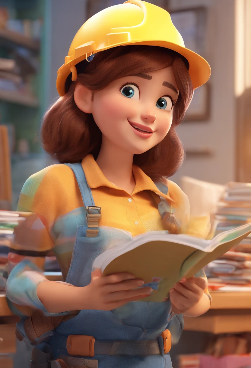 An illustration of an adorable young lady, Highlighting a woman with beautiful expressive eyes – The woman's skin is white and the hair is straight, Medium size and brown. She wears a hard hat, It's in the process of being built, She holds under her left arm a male of papers, um quarto luminoso, com um sorriso no rosto, Insights. Illustrate this scene from a perspective where she is facing the camera, Smiling and showing your attention. Desenvolva esta arte em Full HD, Focus on your cinematic touch, Estilo Disney Pixar Animations
