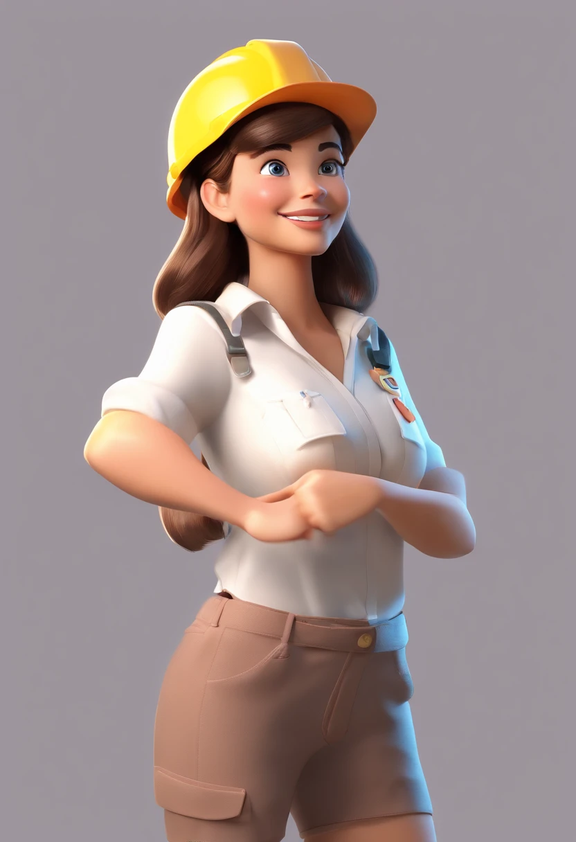 An illustration of an adorable young lady, Highlighting a woman with beautiful expressive eyes – The woman's skin is white and the hair is straight, Medium size and brown. She wears a hard hat, It's in the process of being built, She holds under her left arm a male of papers, um quarto luminoso, com um sorriso no rosto, Insights. Illustrate this scene from a perspective where she is facing the camera, Smiling and showing your attention. Desenvolva esta arte em Full HD, Focus on your cinematic touch, Estilo Disney Pixar Animations