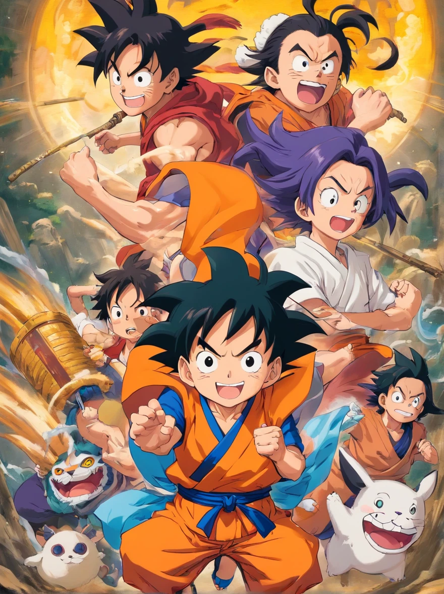 crie 10 imagens do tanjiro,goku,sukuna e orochimaru na forma nika do luffy