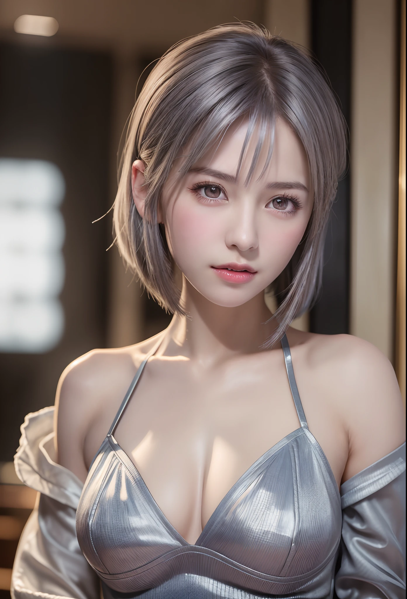 (8K, Photorealistic, Raw photo, of the highest quality: 1.3), (1girl in), Super beautiful, (Realistic face), (boyish, Silver Color Berry Shorthair), Beautiful , Glare that captivates the viewer, Beautiful expression, Beautiful breasts, (Realistic skin), Be...