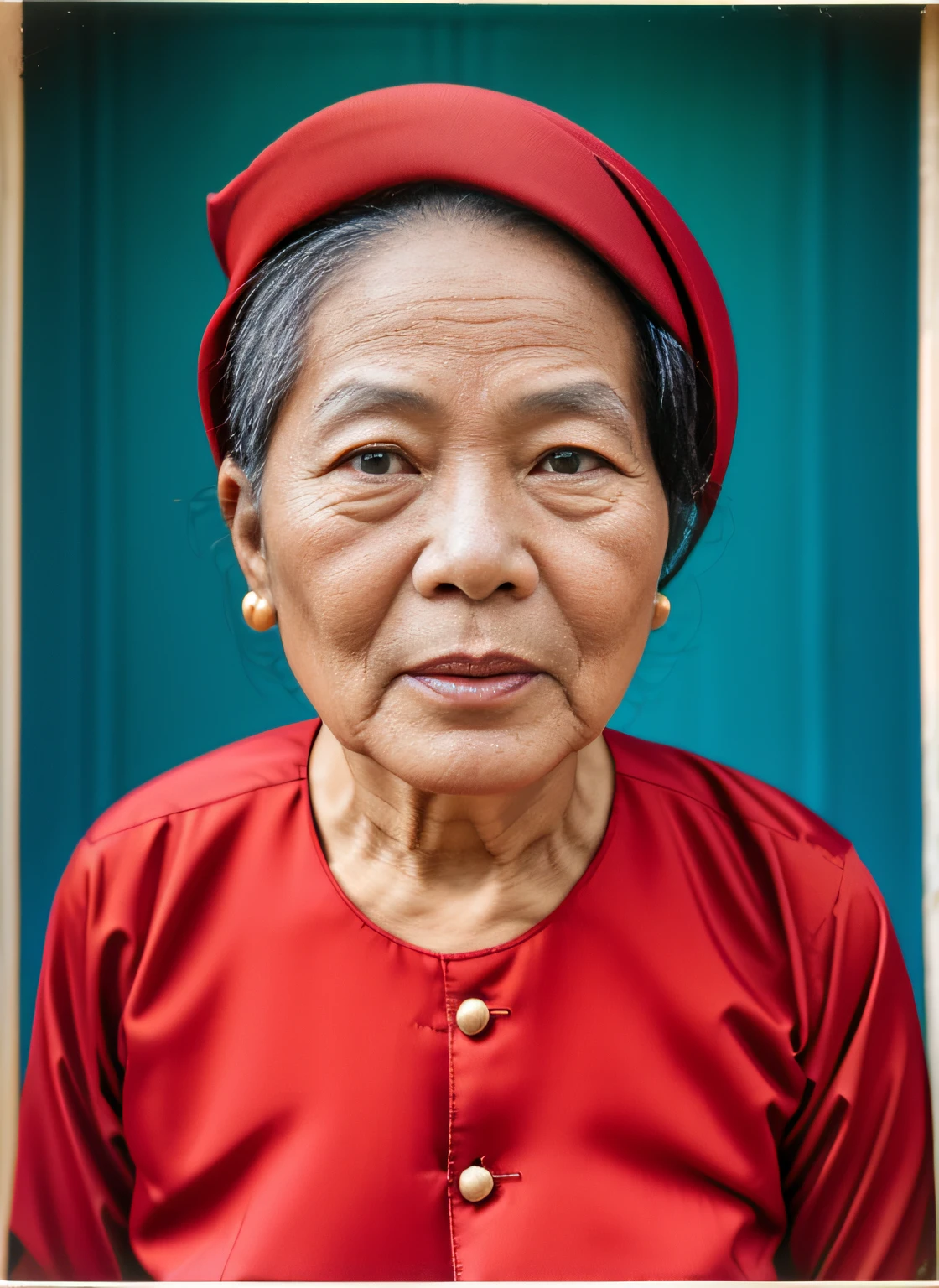 Highly realistic photo, Portrait photo of a 70-year-old Vietnamese woman, (wearing a red 1975s Vietnam blouse), (black turban) on black hair, dark blue background, photo taken in 1975 by kodak.