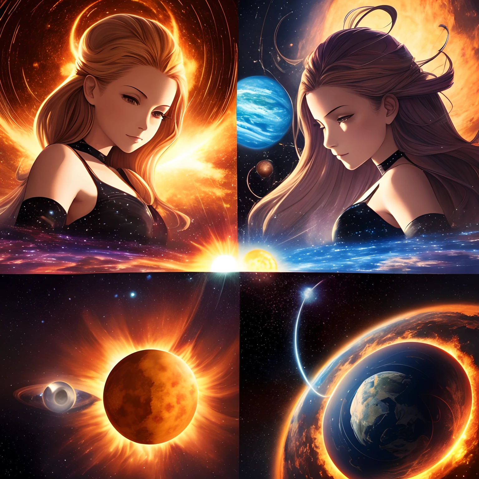 Ilustração Heartes of Queen de Alessandro pautasso In the center of the image, a dark blue planet rotating around its own axis at high speed, parts of which are falling off.  On the left side, an orange sun the same size as the planet also rotating around its own axis at high speed.  On the right side, a second yellow sun rotating around its own axis.  The two suns seem to be attracting the planet towards themselves and causing the planet to shed many parts. cores vibrantes