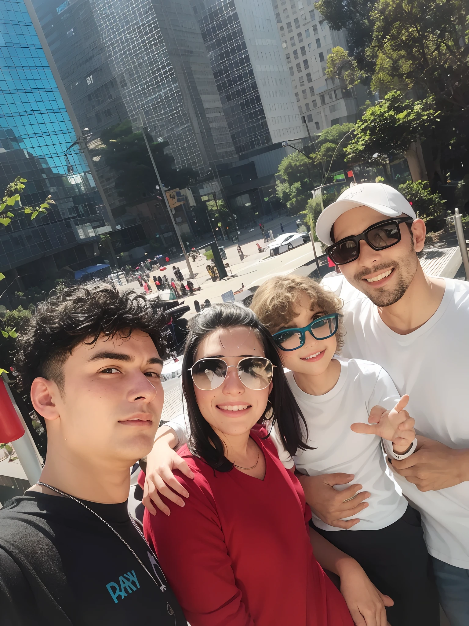 There are four people posing for a photo in a city, In Sao Paulo, sao paulo, São Paulo, Directed by: Nandor Soldier, mateus 9 5, Happy family, instagram story, avenida paulista, Directed by: Luis Miranda, of a family standing in a park, Directed by: Samuel Silva, david rios ferreira, Directed by: David Ruby