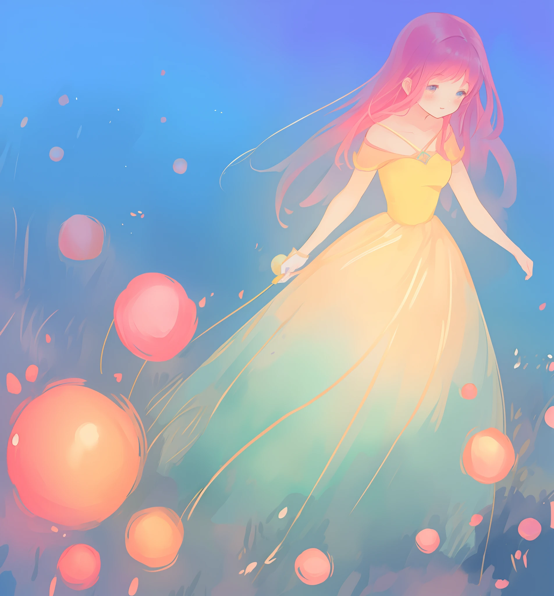 beautiful girl in puffy gradient ballgown, a field with round puffball pink flowers, otherworldly flowers, whimsical landscape, long pink flowing hair, watercolor illustration, inspired by Glen Keane, inspired by Lois van Baarle, disney art style, by Lois van Baarle, by Glen Keane, jen bartel, digital painting, beautiful digital illustration, fantasia otherworldly landscape plants flowers, beautiful, masterpiece, best quality, anime disney style