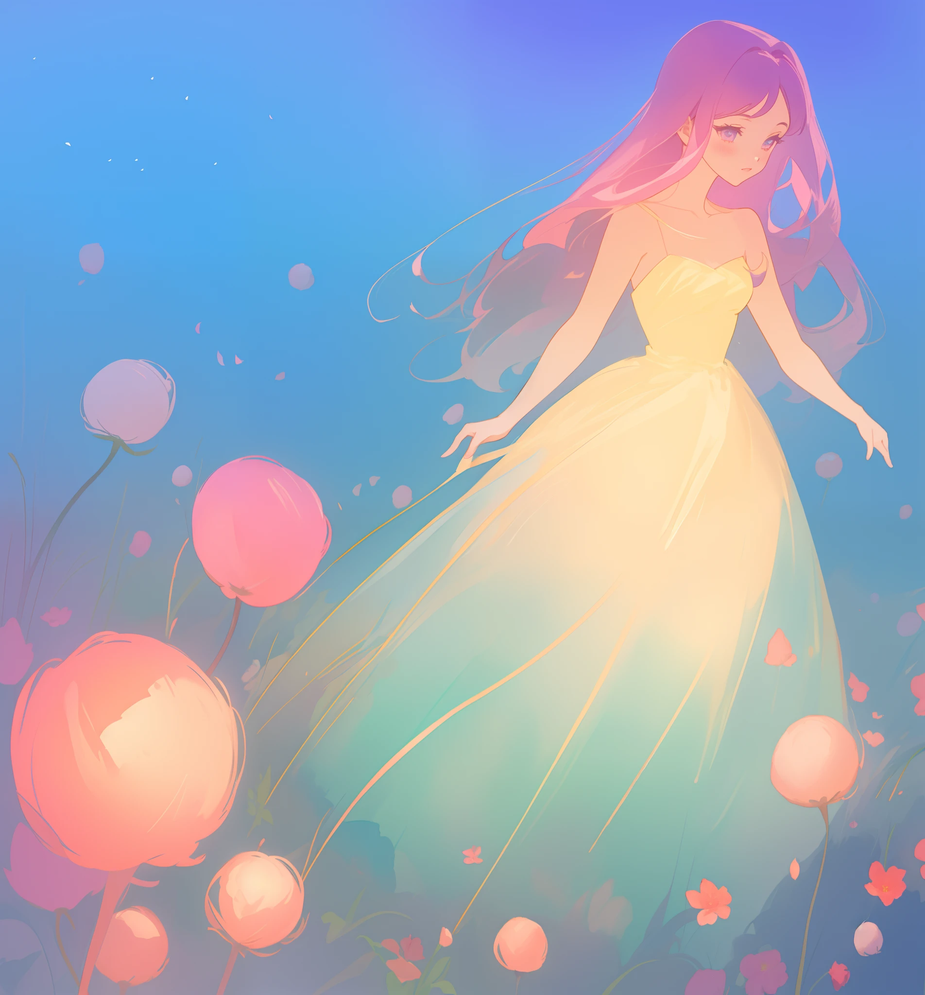 beautiful girl in puffy gradient ballgown, a field with round puffball pink flowers, otherworldly flowers, whimsical landscape, long pink flowing hair, watercolor illustration, inspired by Glen Keane, inspired by Lois van Baarle, disney art style, by Lois van Baarle, by Glen Keane, jen bartel, digital painting, beautiful digital illustration, fantasia otherworldly landscape plants flowers, beautiful, masterpiece, best quality, anime disney style