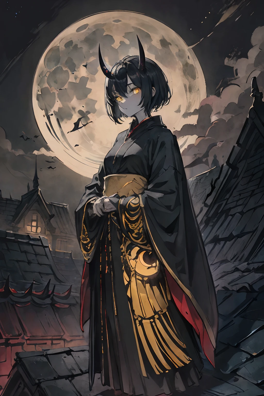 ((best quality, masterwork)) Gargoyle, humanoid, gray skin, gray tint, dark night, yellow eyes, glowing eyes, female, stone skin, black robes, short hair, gothic style, gothic house, large horns, cracks in skin, darkness, full body, standing on roof, standing in front of large moon