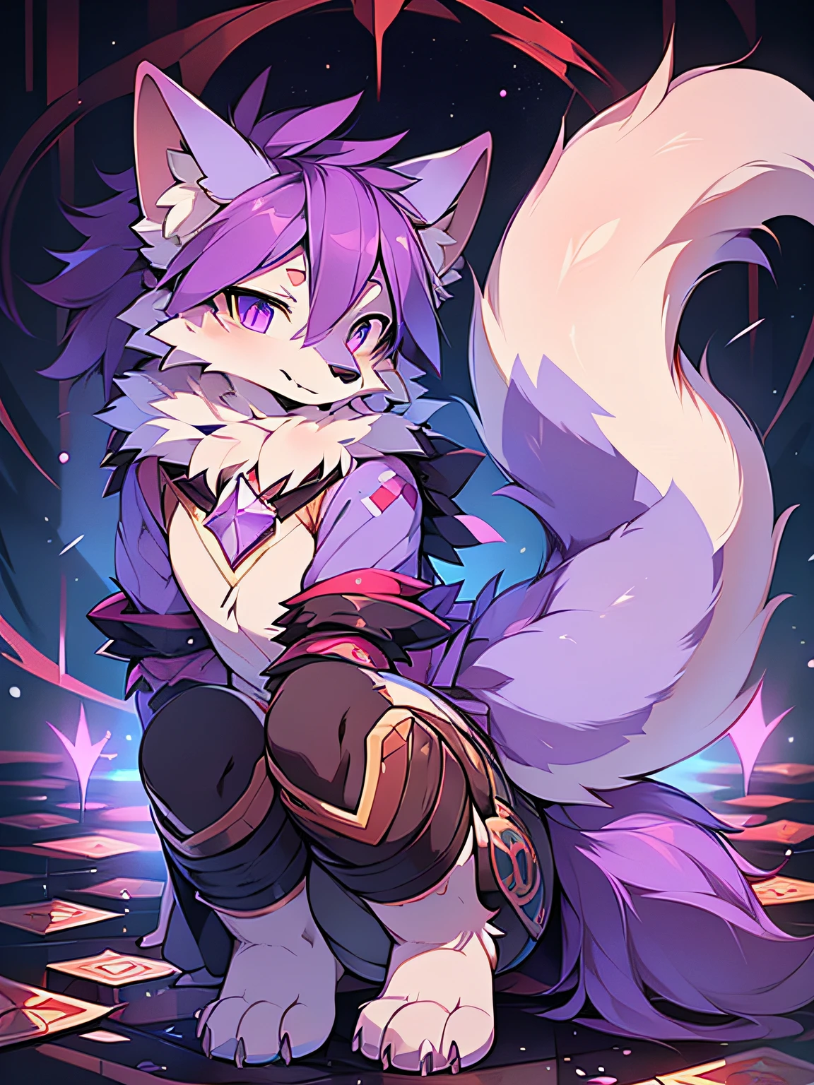 Rystal, Star Fox, Male,Dark purple hair, (A detailed), fluffly, Solo, Meticulous and realistic, A detailed eye, ( Amethyst pupils), ((Blood-colored eyes)), Excellent quality, high detal, Detailed fur, ((The tail is in the right place) ,nakeness ,Diapers