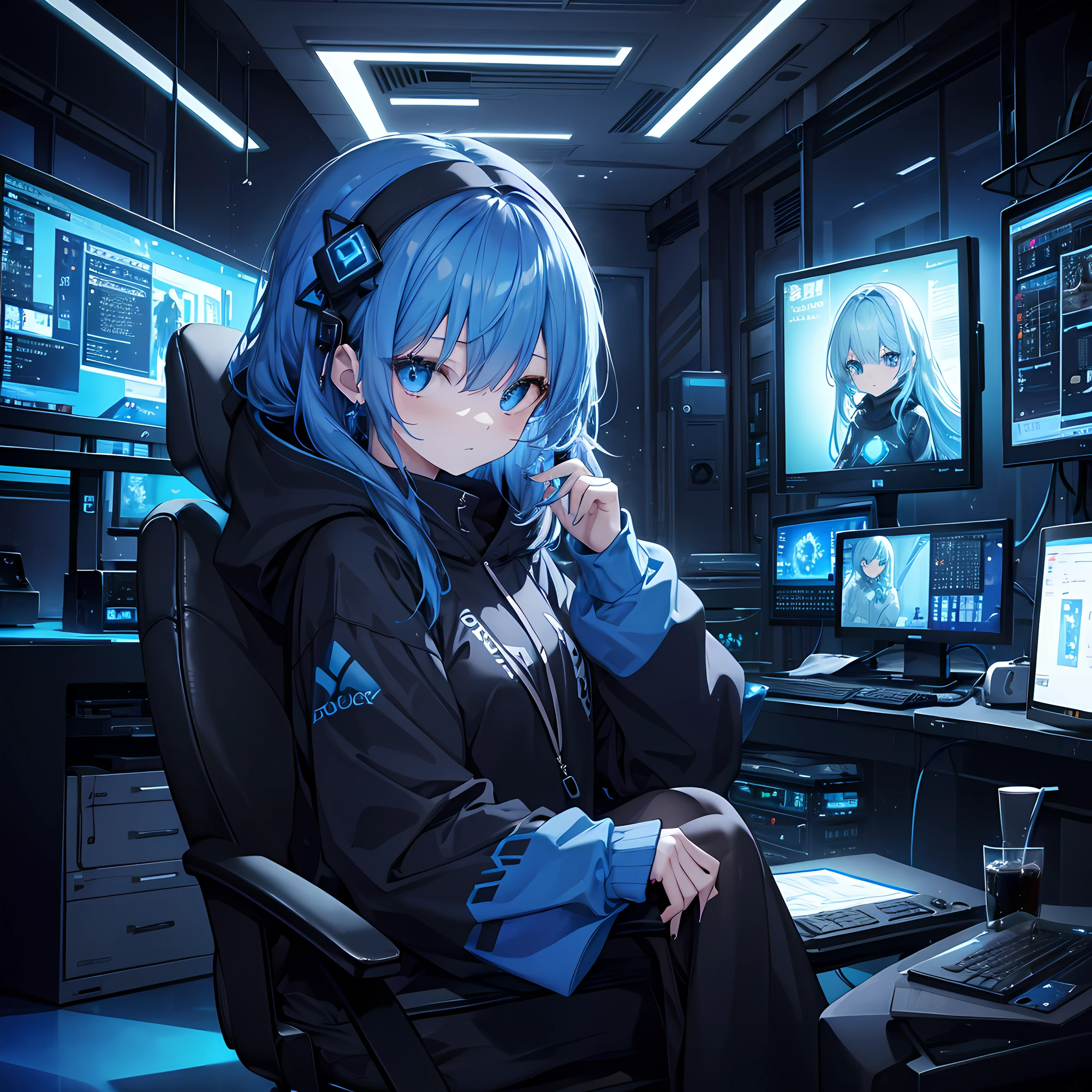 hiquality(1.4)、、Woman in a long-sleeved hoodie with black sleeves、personal computers、Lots of monitors、Blue hair color、Blue tattoo、Dark indoor、Blue light up、The table