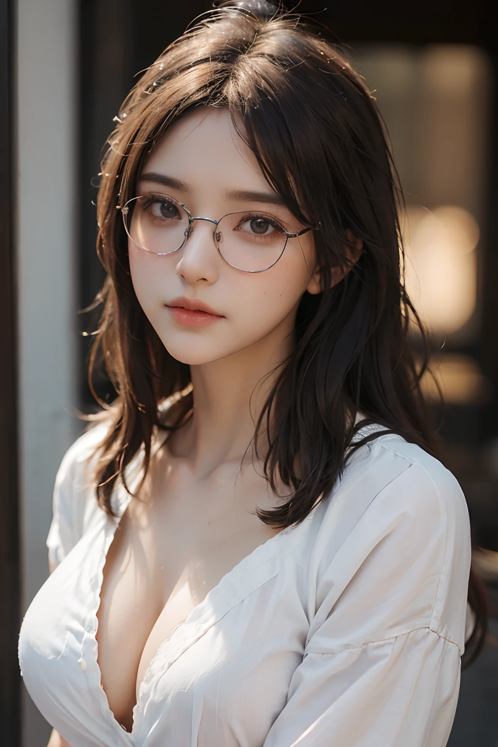 (best quality,ultra-detailed,realistic:1.37),big breasts,brown hair,random eye colors,glasses,hyper-realistic,special details,upper body