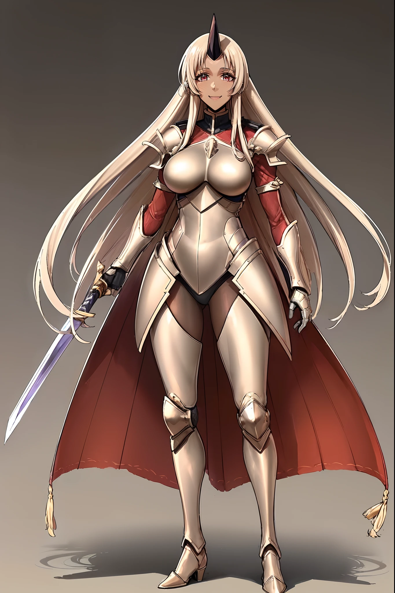 (best quality,4k,8k,highres,masterpiece:1.2),ultra-detailed,(1.37),single horn,very long hair,tall female,red eyes,dark skinned female,standing,armor,boots,sword holding,joyful,big smile,full armor,illustration,portrait,rich colors,warm tones,soft lighting
,full body, standing