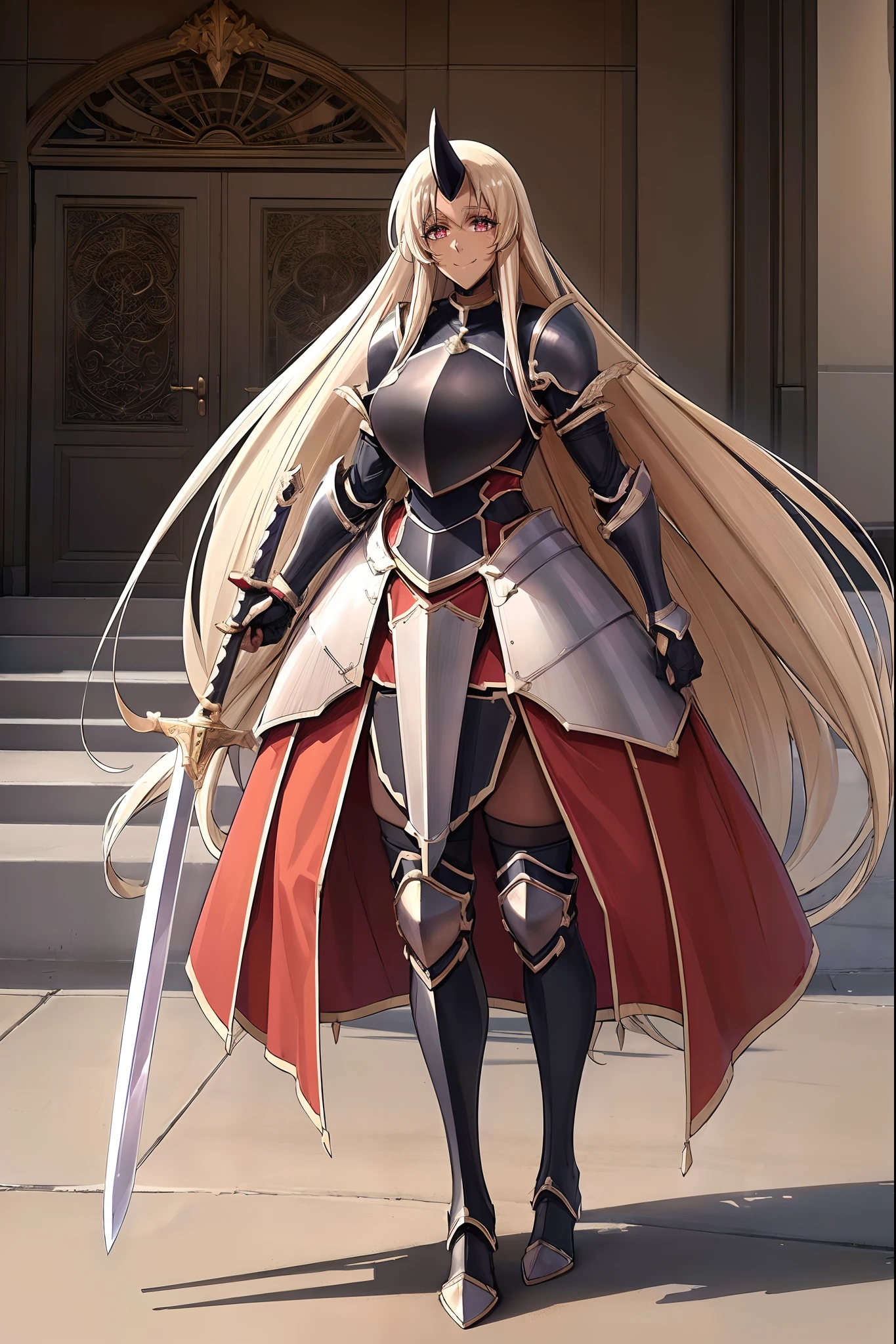 (best quality,4k,8k,highres,masterpiece:1.2),ultra-detailed,(1.37),single horn,very long hair,tall female,red eyes,dark skinned female,standing,armor,boots,sword holding,joyful,big smile,full armor,illustration,portrait,rich colors,warm tones,soft lighting
,full body, standing