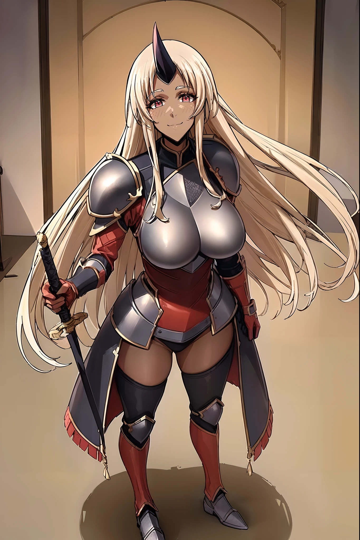 (best quality,4k,8k,highres,masterpiece:1.2),ultra-detailed,(1.37),single horn,very long hair,tall female,red eyes,dark skinned female,standing,armor,boots,sword holding,joyful,big smile,full armor,illustration,portrait,rich colors,warm tones,soft lighting
,full body, standing