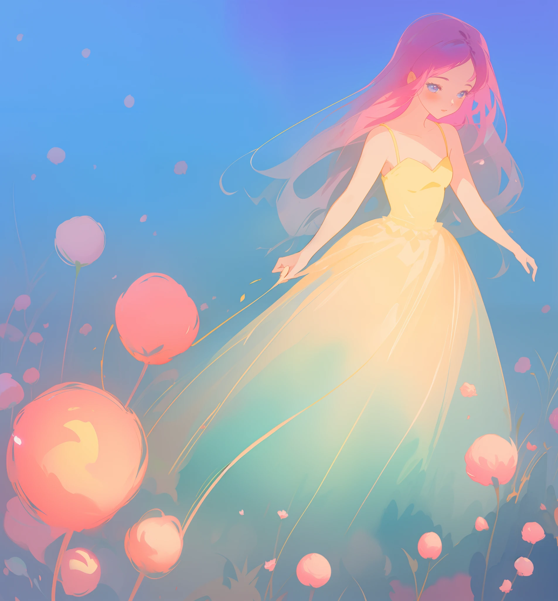 beautiful girl in puffy gradient ballgown, a field with round puffball pink flowers, otherworldly flowers, whimsical landscape, long pink flowing hair, watercolor illustration, inspired by Glen Keane, inspired by Lois van Baarle, disney art style, by Lois van Baarle, by Glen Keane, jen bartel, digital painting, beautiful digital illustration, fantasia otherworldly landscape plants flowers, beautiful, masterpiece, best quality, anime disney style