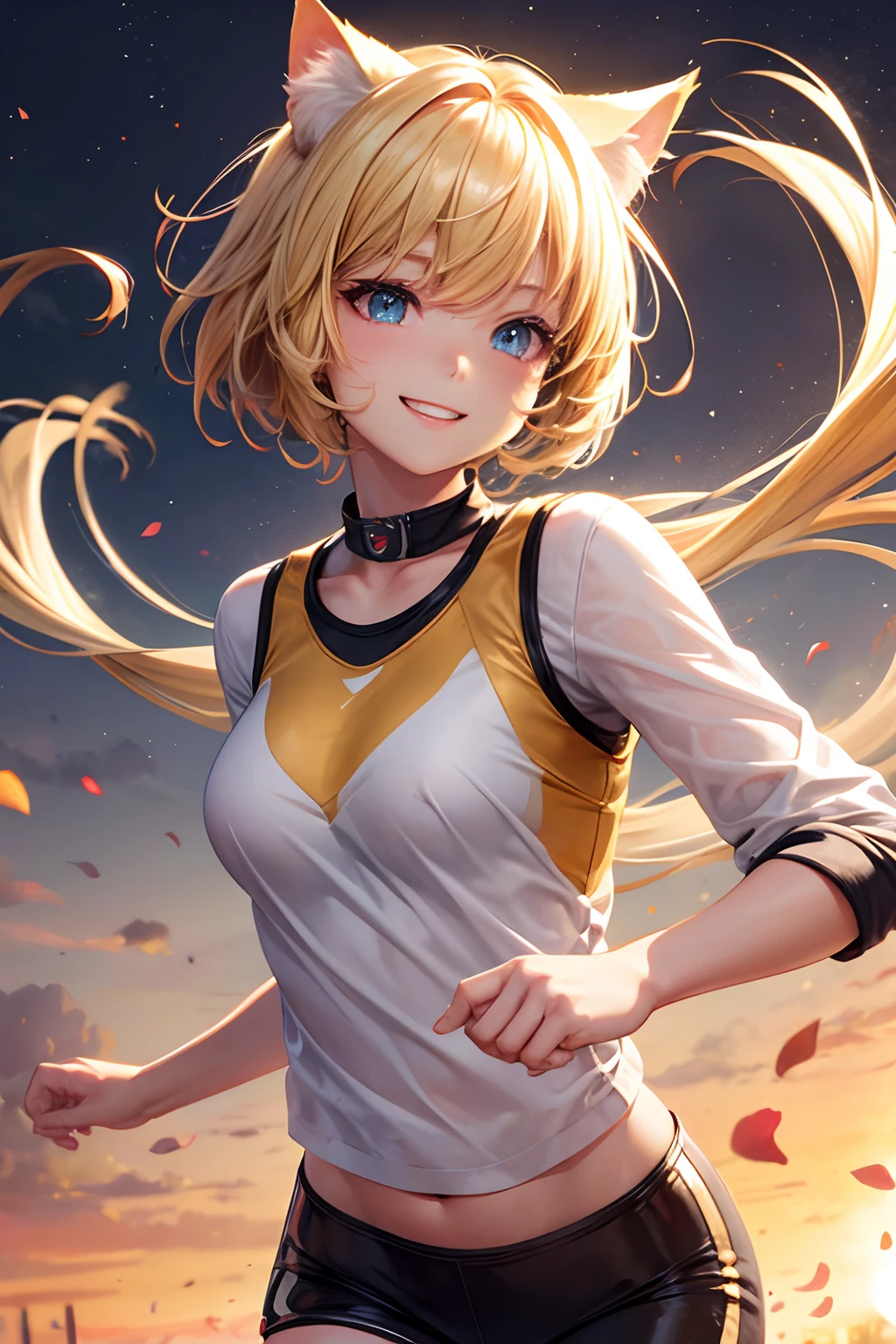 Top quality, high resolution, perfect human structure, background focus, front view, glowing hair, cat ears, blonde hair, short cut, running, happy smile, gradient eyes, swept bangs,
