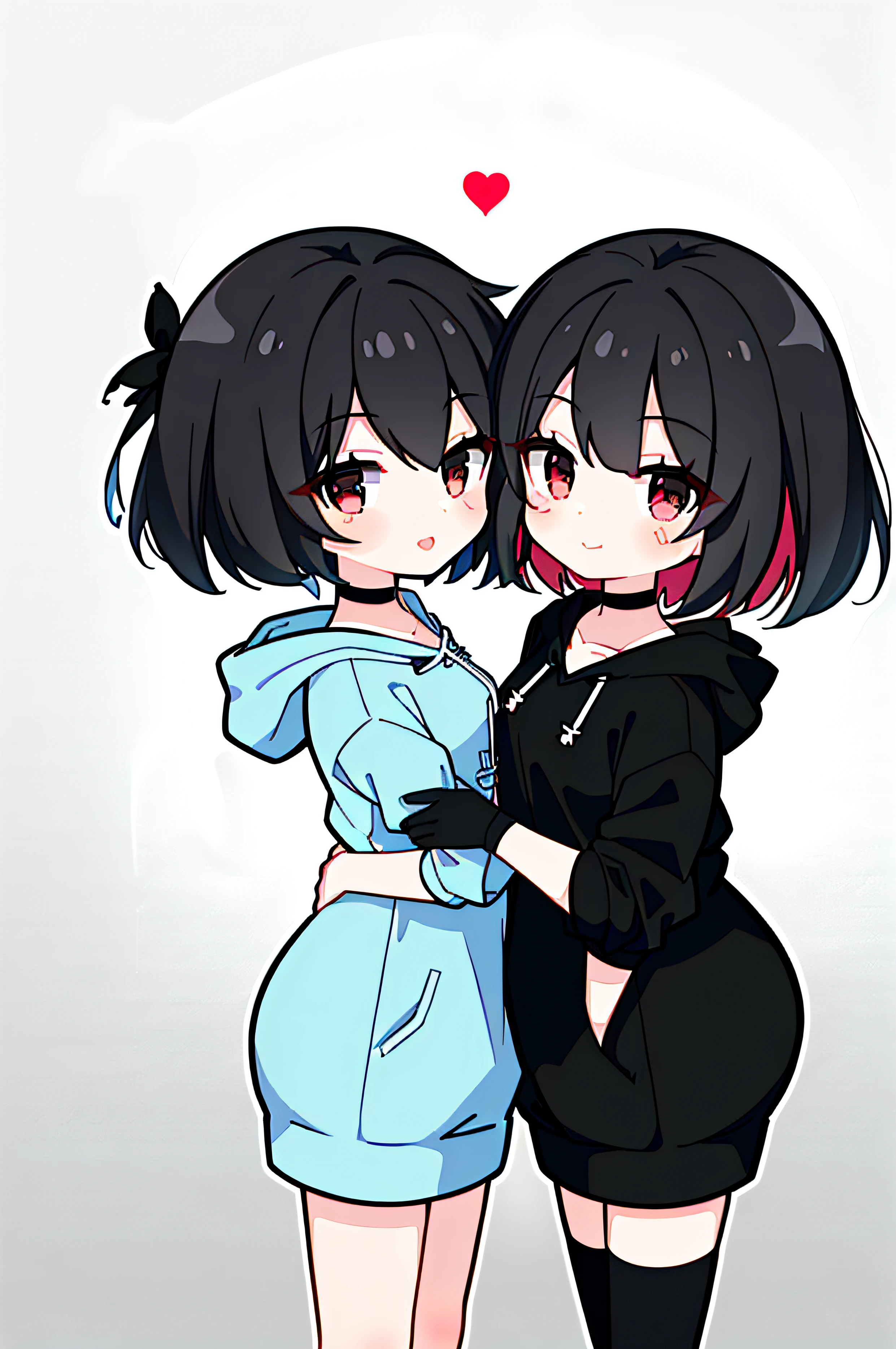 2 woman，ssmile, Girl in modern clothes， Embrace one ((Girl in black messy short black hair and black minimalist hoodie))，The sticker is closed
