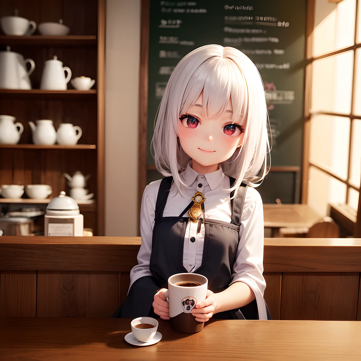 Girl child, Cute, a smile,holding coffee cup,Coffee, Dressed as a wizard, White hair, Cafe Background, masutepiece, ccurate, Anatomically correct, Best Quality, high details, hight resolution, hard disk