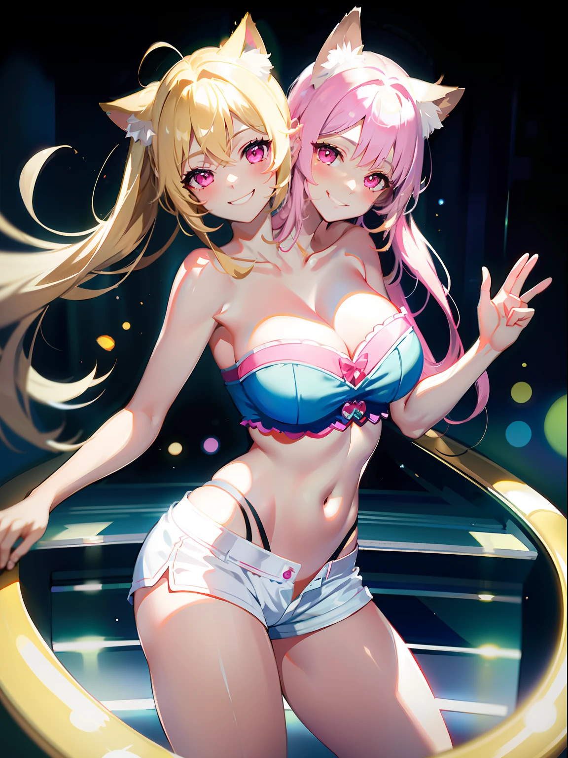(masterpiece, best quality), best resolution, (2heads:1.5), 1girl, catgirl, blond hair, cat ears, pink eyes, smiling, giggling, friendly, inviting, white tube top, blue short pants, nightclub, dance floor