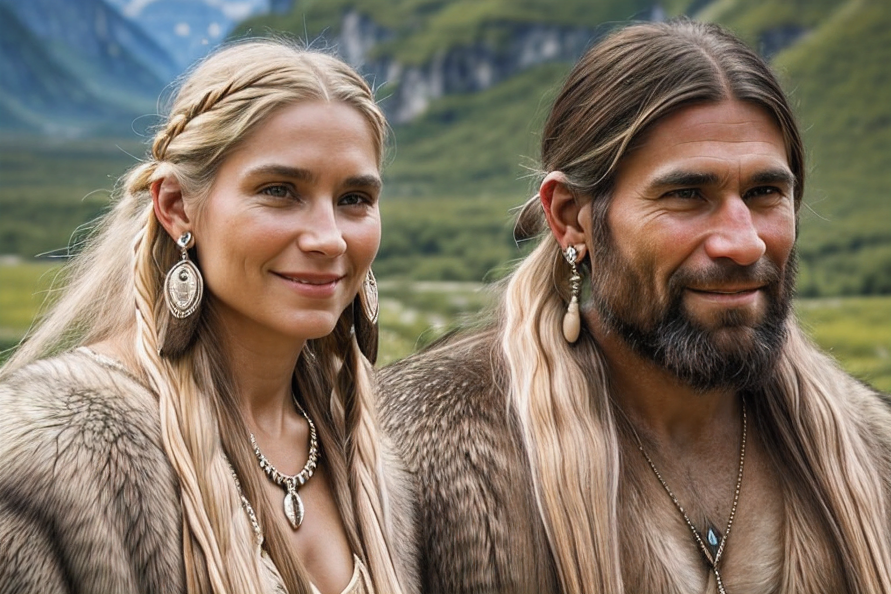 (Cro-magnon prehistoric smiling couple, man and girl , long blond hair, looking at a old glacial valley with mammoot, wearing prehistoric fur clothes, carved bone earrings, stone necklaces, photorealistic, ultra detailed face, correct eyes)
