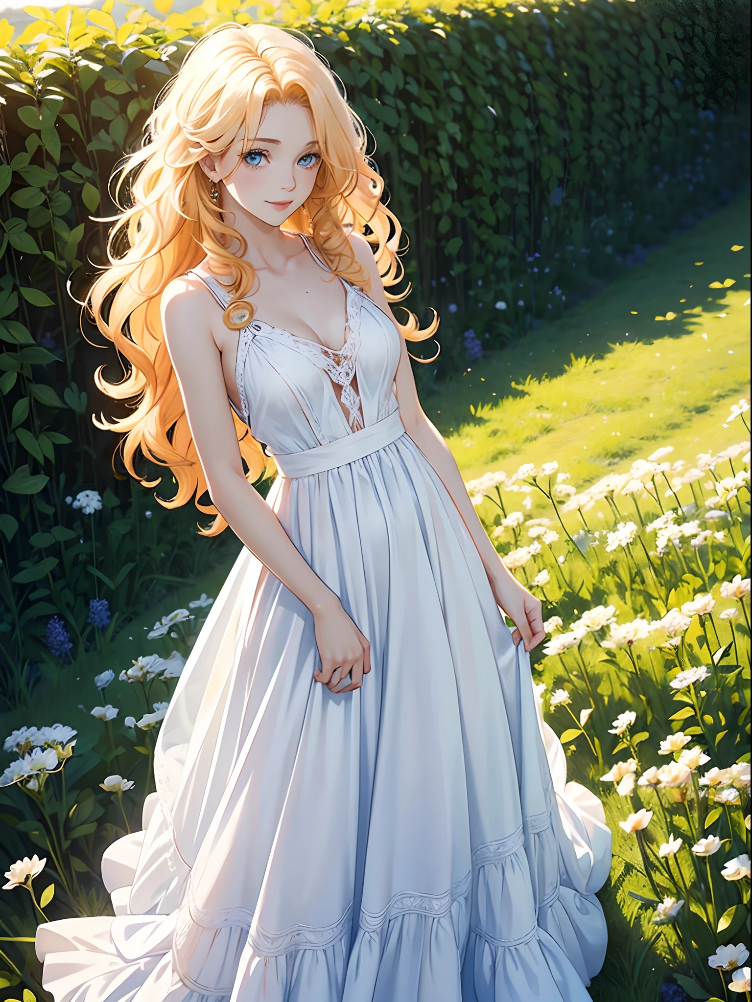 Anime girl in a blue dress standing in a field of flowers - SeaArt AI