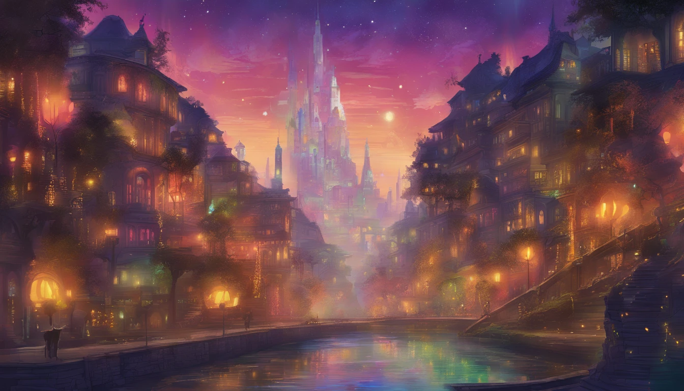 Magic City of Lights, Enveloped in eternal twilight. The street is a white brick stone, The building is elegant white marble with colorful stained glass windows. The streets are illuminated by magical floating spheres. Small rivers and waterfalls flow through the city, As well as shrubs and willow trees、.