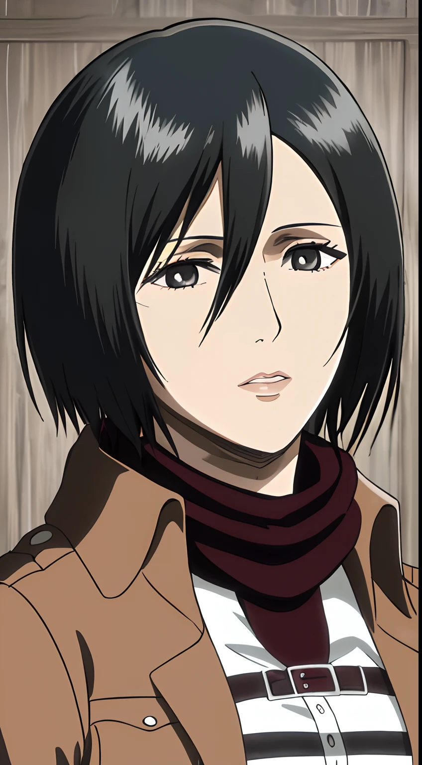 1girl, mikasa ackerman, (black hair:1.3), hair between eyes, short hair, sideburns, gray eyes, maroon scarf, brown jacket, lips, cleavage, close up, solo, lips,, masterpiece, best quality,