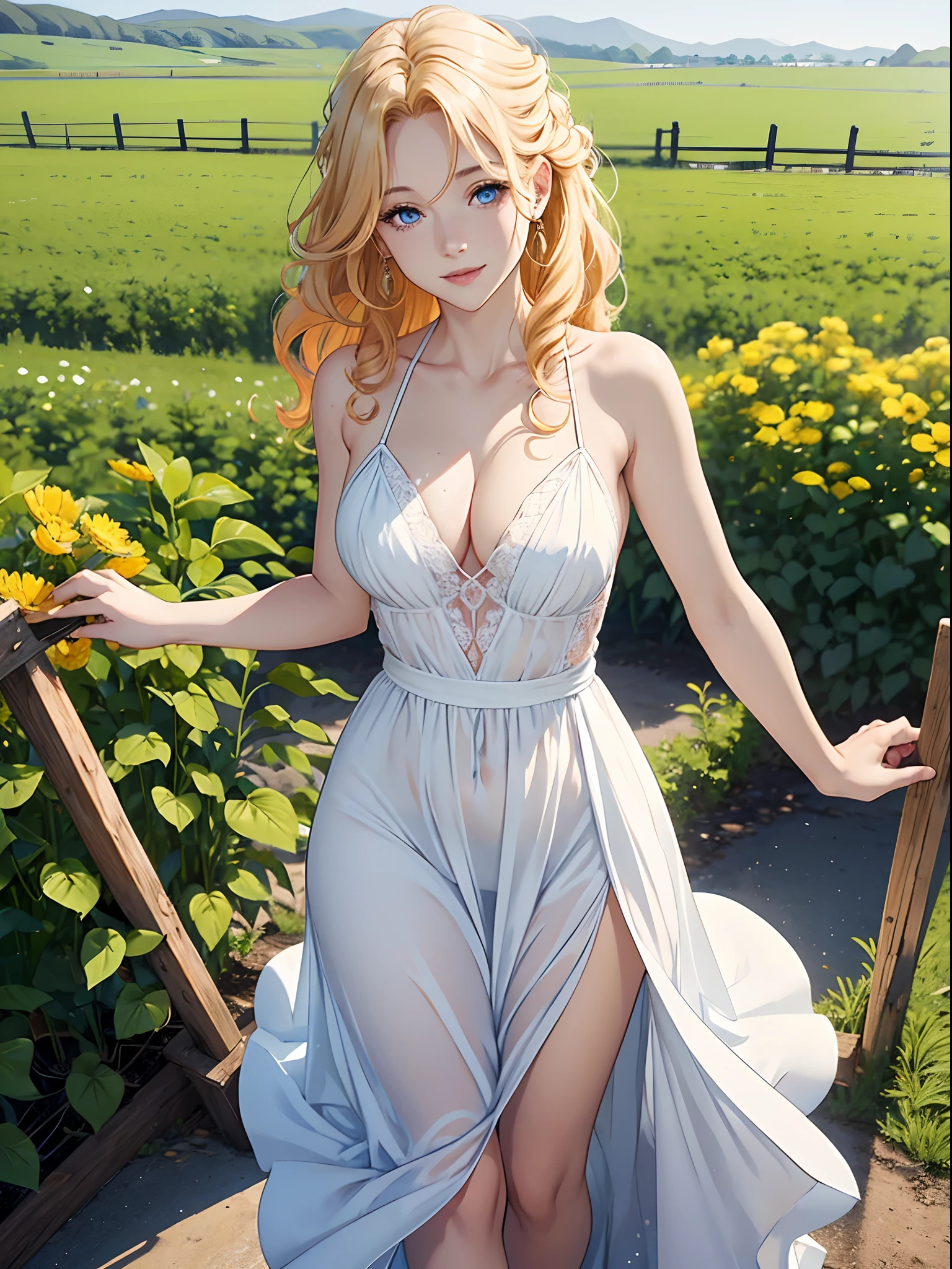 illustrative image of a beautiful woman with yellow curly hair. blue eyes, white skin, delicate appearance, smiling, reddish lips, thin and wearing a simple white dress. full body and in the background a beautiful farm