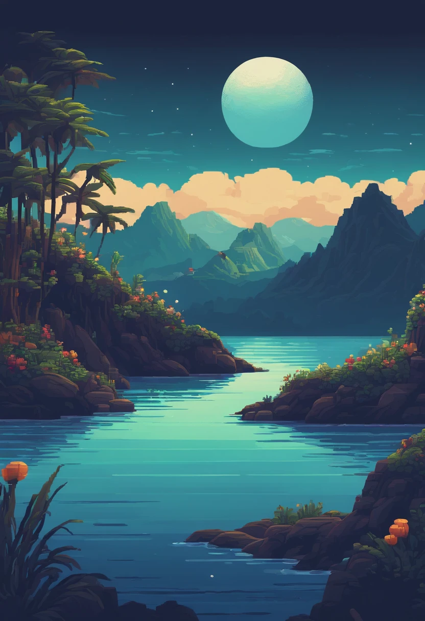 Pixel art of a huge moon rising on the calm sea, beautiful detailed pixel art, detailed pixel art, lo-fi retro videogame, concept pixelart, detailed pixel artwork, Pixel art style, pixel town, pixel art animation, high quality pixel art, Dolphins leap from the surface of the sea, super detailed color lowpoly art, #pixelart:3, # pixelart, #pixelart