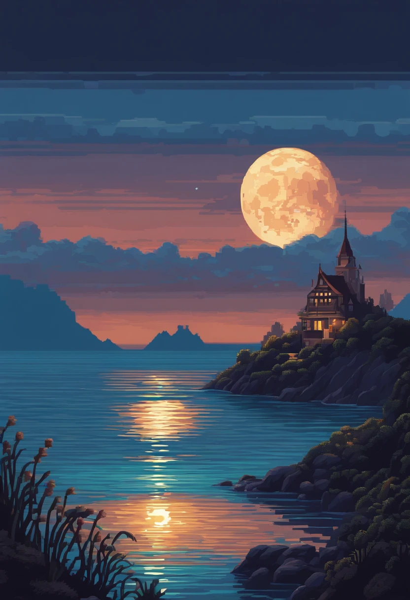 Pixel art of a huge moon rising on the calm sea, beautiful detailed pixel art, detailed pixel art, lo-fi retro videogame, concept pixelart, detailed pixel artwork, Pixel art style, pixel town, pixel art animation, high quality pixel art, Dolphins leap from the surface of the sea, super detailed color lowpoly art, #pixelart:3, # pixelart, #pixelart