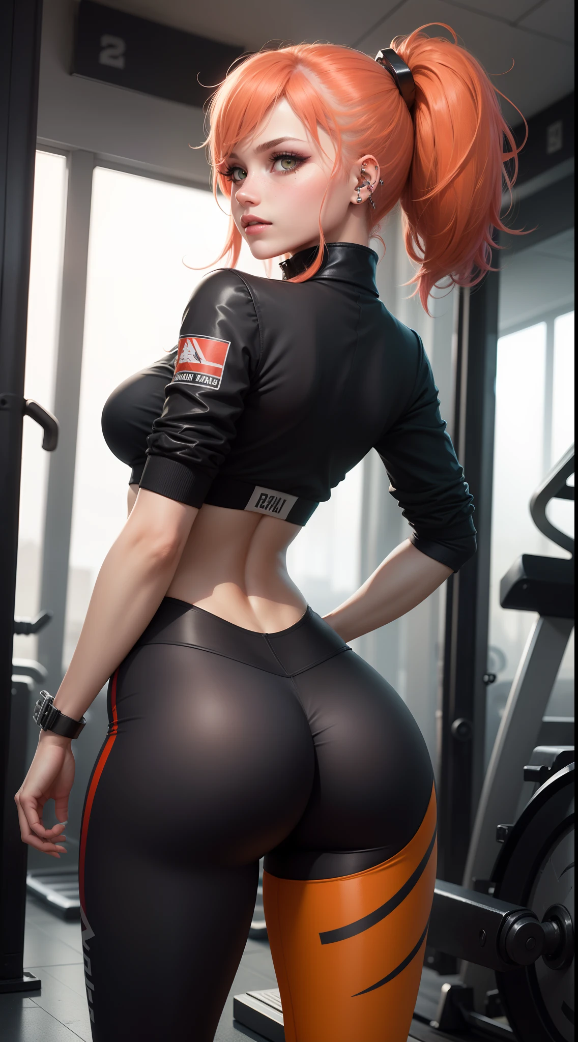(rear view, backside view),Gwen Tennyson,Trazador,y'shtola rhul,YORHA 2B,Overwatch,Nier Automata,Piloto Mecha,Calle comercial,Tatuajes,(Traje de enchufe naranja y rosa:1.4),Top blanco de lycra de manga corta,(leggings cargo blancos:1.4),vientre descubierto,pelo corto,maquillaje punk,ojos verdes,Cabello plateado multicolor,sonrisa sexy,Pecas,beautiful little girl,senos grandes,8k,Ultra detallado,realista,fantasy art,chica punk,Piercings en las orejas,Metal Band Uniform,tracksuit,Sudadera con capucha deportiva de manga corta rosa,arte mural de graffiti,andante,collar de cadena,white The Sport Behind,Piernas de cerca,More detailed 8K.motor irreal:1.4,UHD,La mejor calidad:1.4, fotorrealista:1.4, textura de la piel:1.4, obra maestra:1.8,obra-prima, mejor calidad,objeto Objeto], (detailed face features:1.3),( dentro de un gimnasio:1.4)Fondo azul agua sports:1.4)