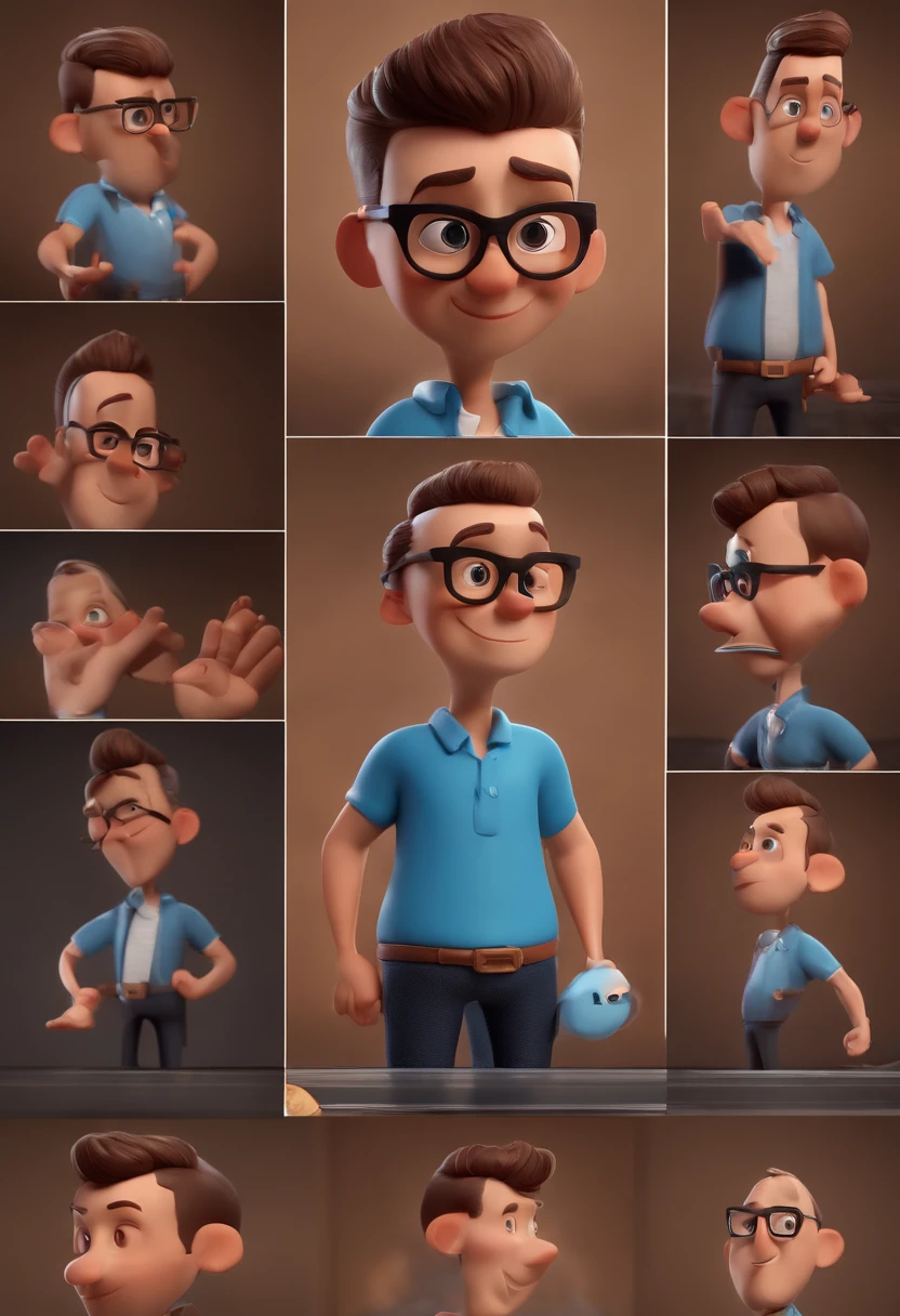 Cartoon character of a man with black glasses and a blue shirt, animation character, Caractere estilizado, animation style rendering, 3D estilizado, Arnold Maya render, 3 d render stylized, toon render keyshot, Personagem 3D, Personagem 3D, 3d rendering stylized, 3 d character render, personagem de desenho animado, Personagem de close up, Pose de personagem,  (Estilo Pixar) (master part:1.2) (Bokeh) (best quality) (pele detalhada) (textura detalhada) (8k) (argila) (Cinematic lighting) (foco nítido