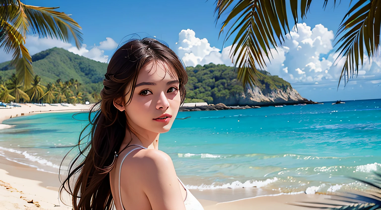 1girl, caribbean beach, daytime, natural landscape, upper body, best quality, masterpiece, realistic, photorealistic,