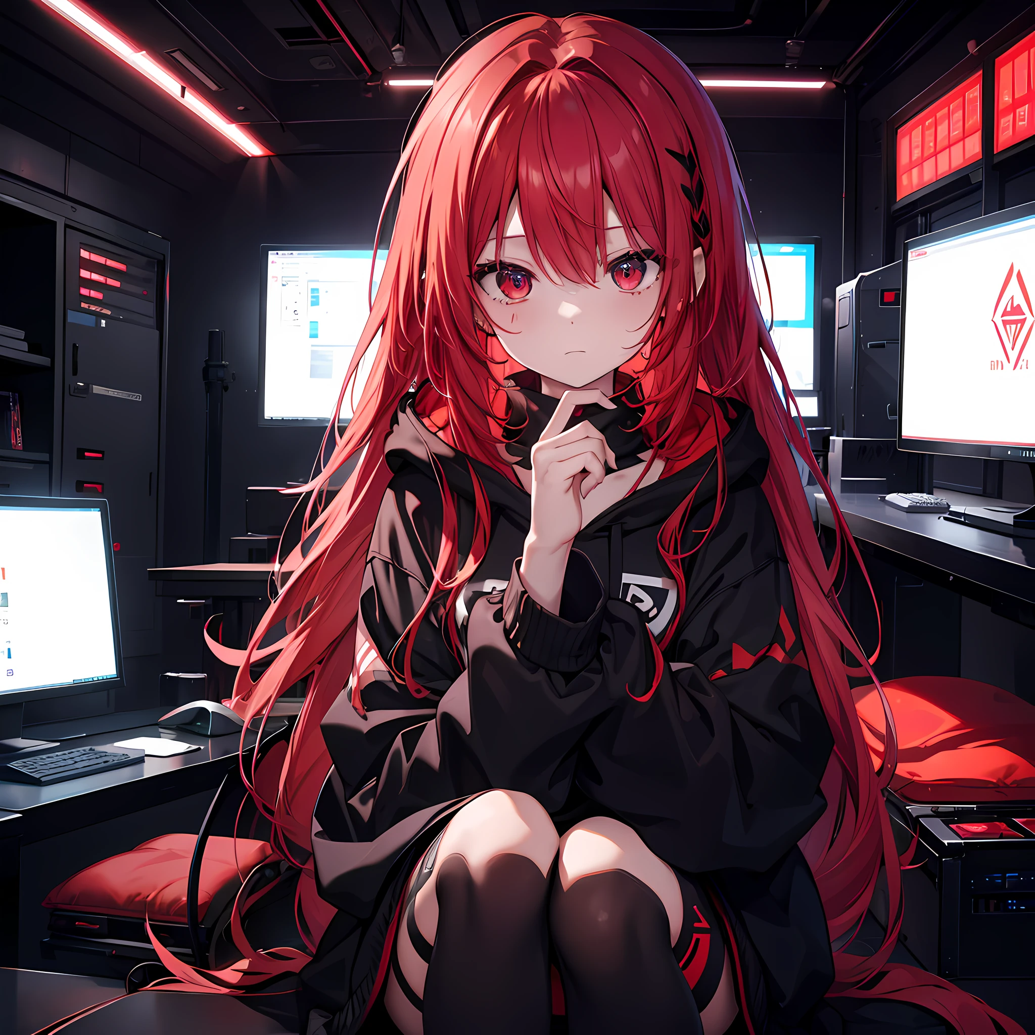 hiquality(1.4)、、Woman in a black hoodie、personal computers、Lots of monitors、Red hair color、Red tattoo、Dark indoor、Red light up、The table