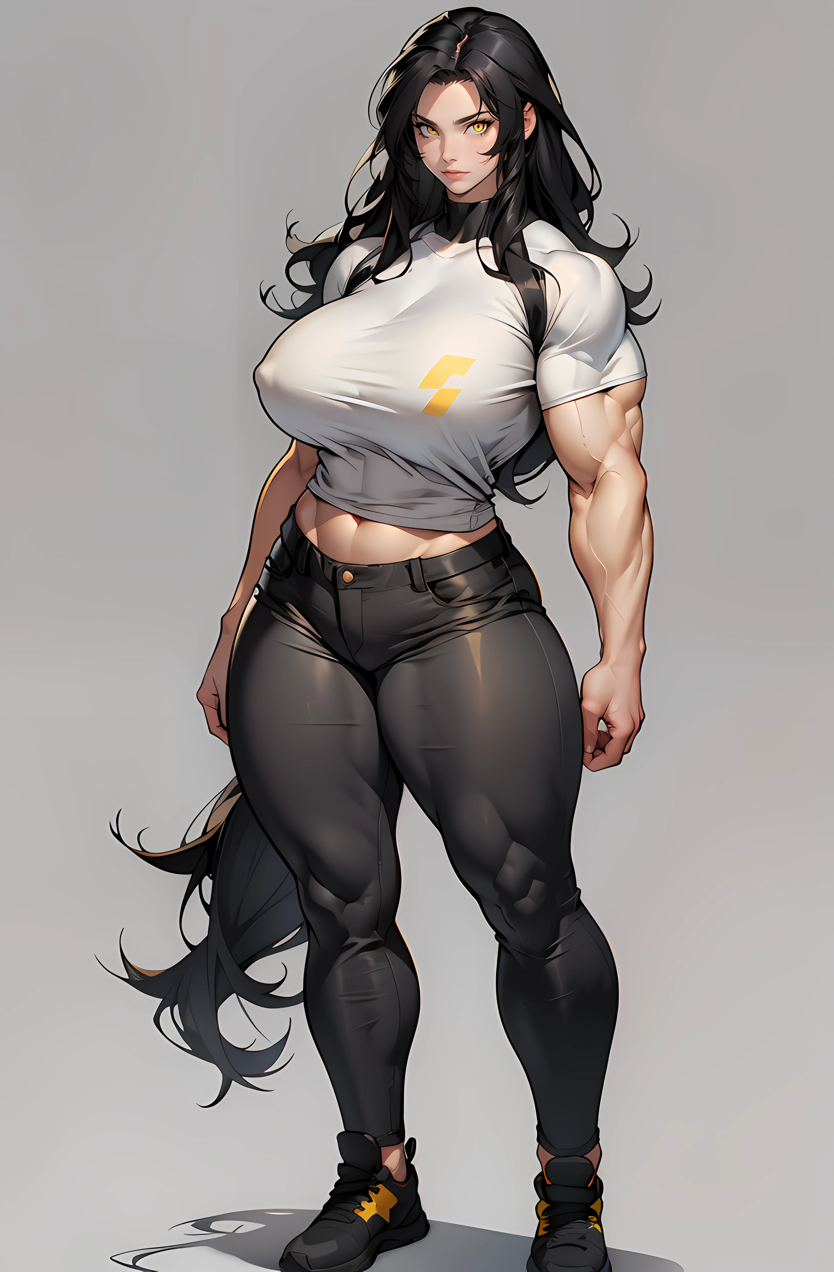 ((grey background)), solo, ((((1 girl)))), very long hair, black hair, angry, yellow eyes, (((((muscular))))), (huge tits), (thick thighs), (wide hips), (full body), pale skin, (tight shirt), (tight pants), standing, wavy hair