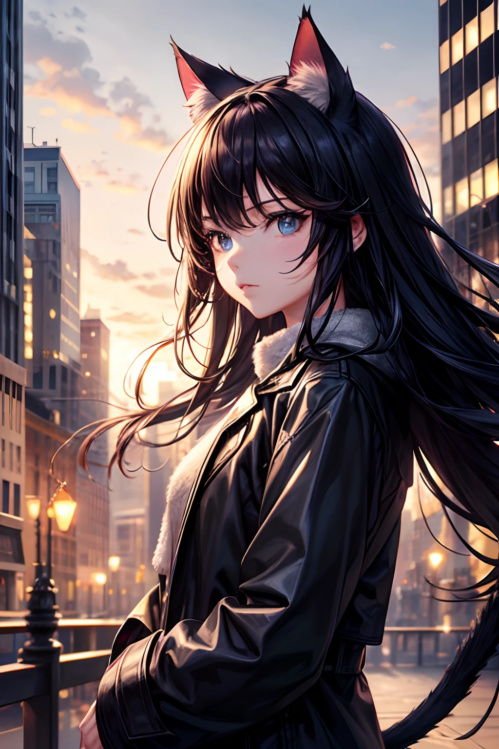 Top quality, high resolution, perfect human structure, background focus, front view, glowing hair, cat ears, black hair, long, coat, city, gradient eyes, swept bangs,