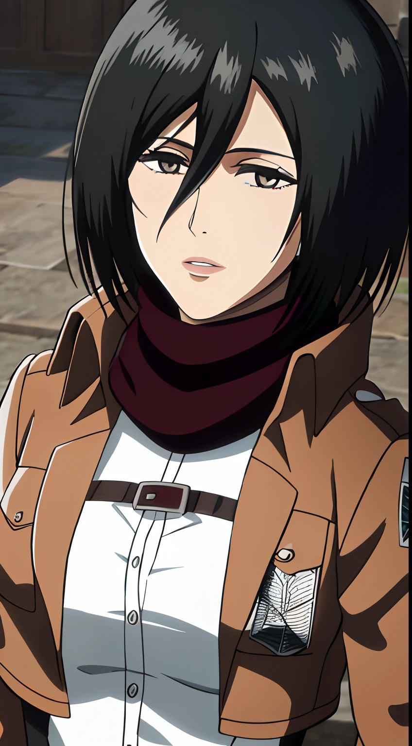 1girl, mikasa ackerman, (black hair:1.3), hair between eyes, short hair, sideburns, gray eyes, maroon scarf, brown jacket, lips, cleavage, close up, solo, lips,, masterpiece, best quality,