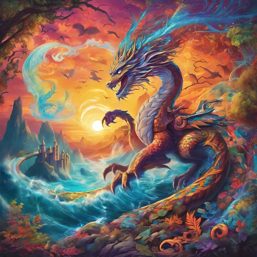 (best quality,highres:1.2),ultra-detailed,realistic,photorealistic:1.37,wizard surfing upon a serpent dragon,illustration,fantasy,spellbinding landscape,colorful palette,enchanted atmosphere,mystical lighting,flowing robes,magic staff,wind-swept hair,majestic serpent scales,rippling waves,breathtaking scenery,extraordinary power,hypnotic motion,adrenaline-filled excitement,thrilling adventure,ancient runes,shadowy forests,sparkling waterfalls,eerie mist,flying creatures,magical spells,castle in the distance,mysterious sorcery,seamless blending of wizard and dragon,majestic and graceful movement,awe-inspiring performance