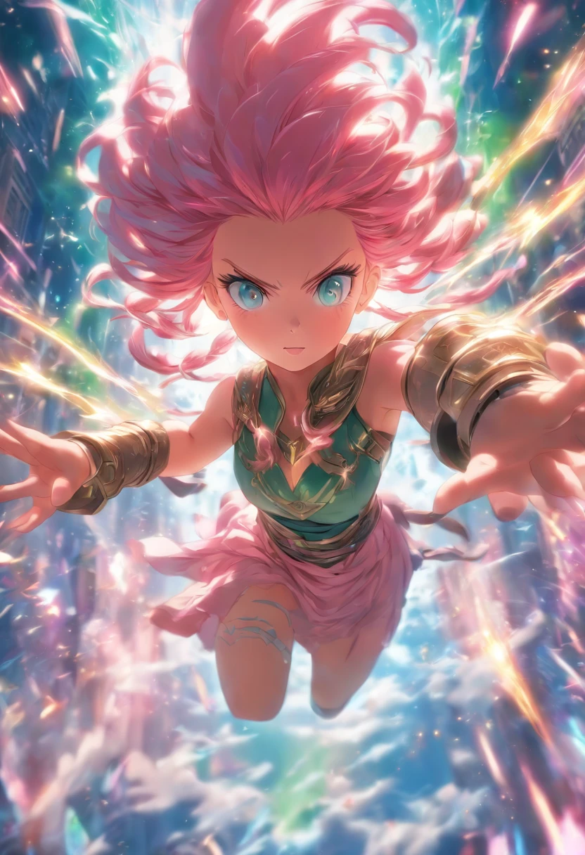 foreshortening, Depth of field, Master Part, Best Quality, 1girl, pink hair, bluish-green eyes, mid length hair, floating,Pink Rays, Odin, looking a viewer,Pink Dress, flying, Dim sunlight,
